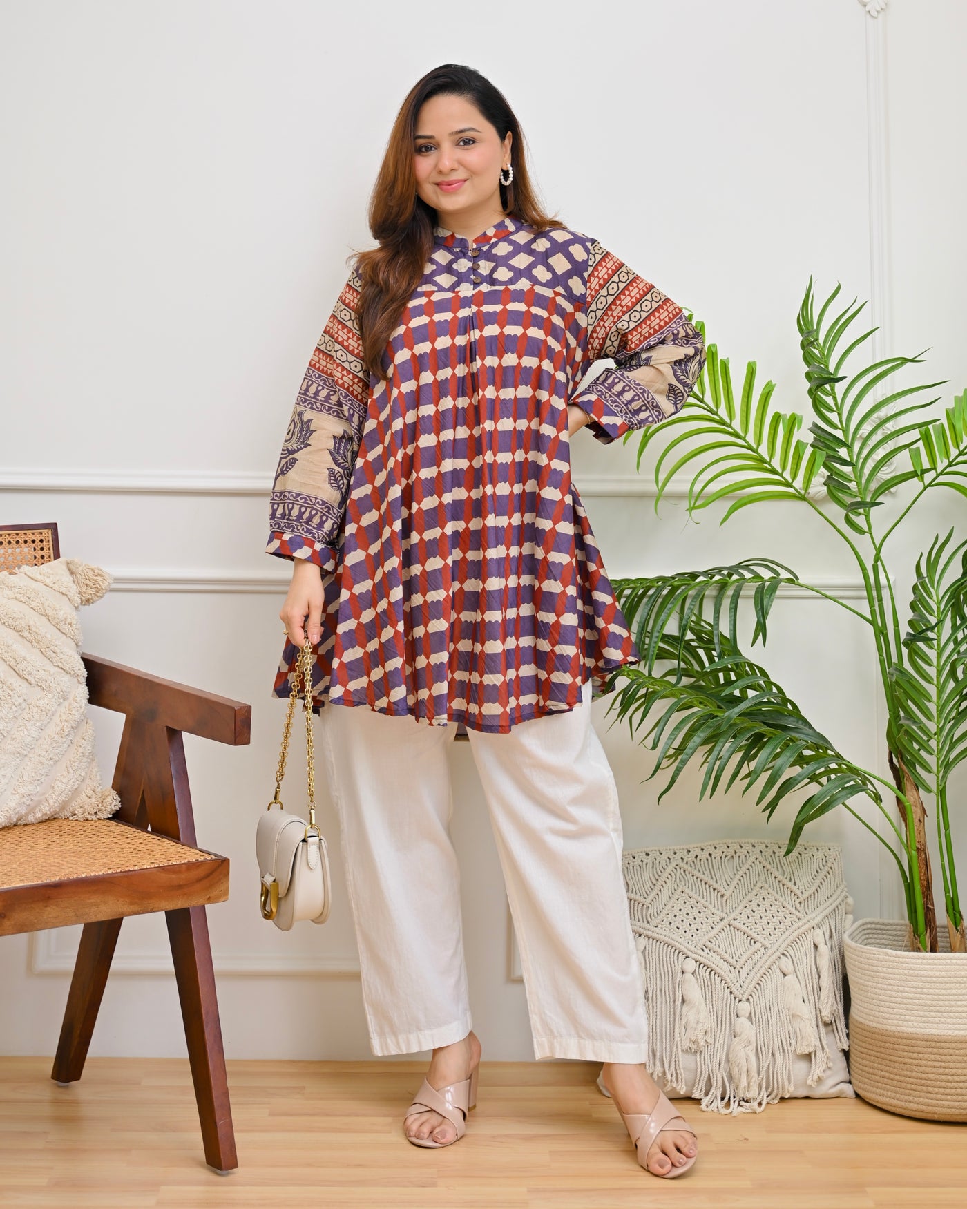 Plum Mosaic Lotus Mul Chanderi A Line Tunic