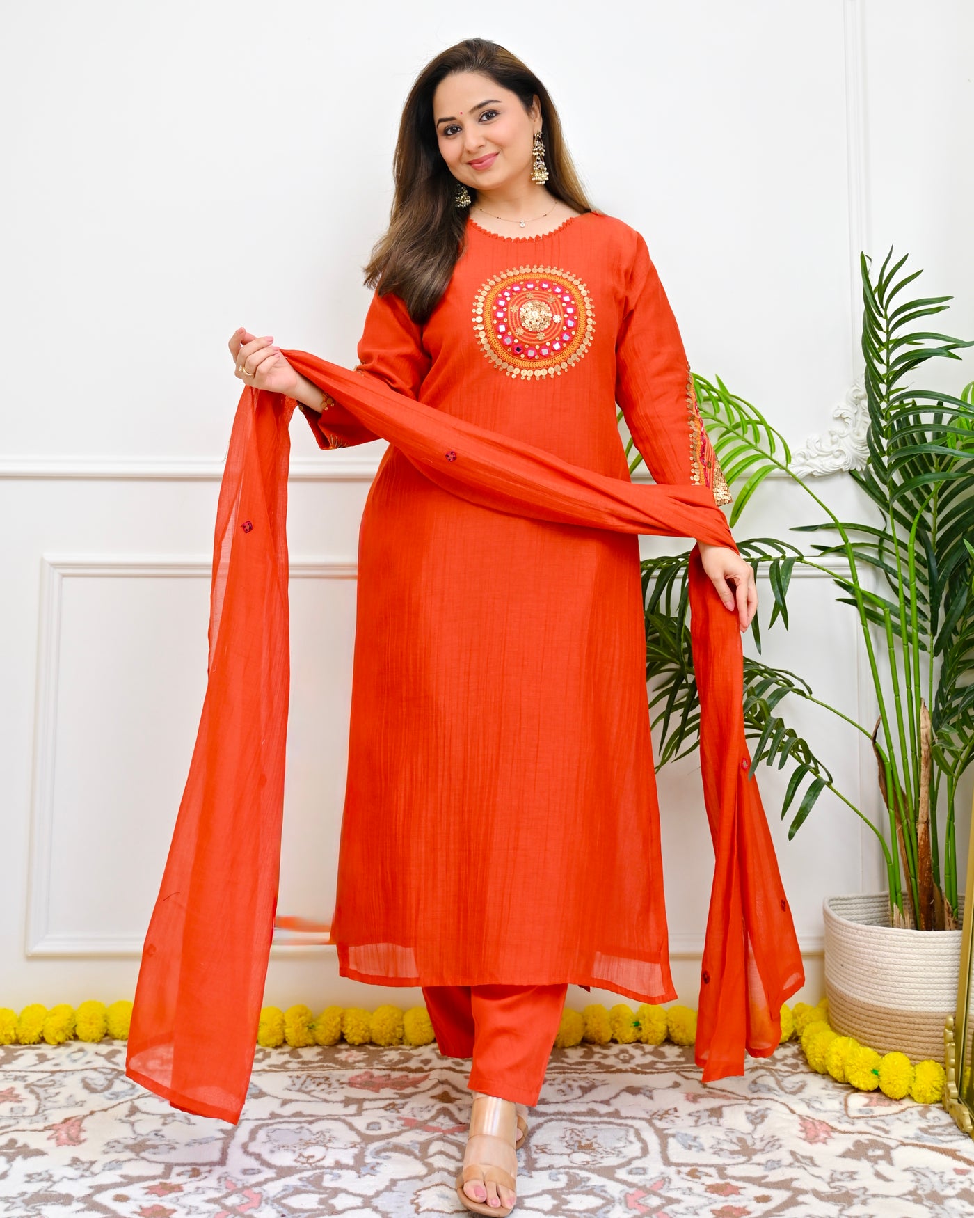 Rangila Orange Mandala Aaina Mul Chanderi Suit
