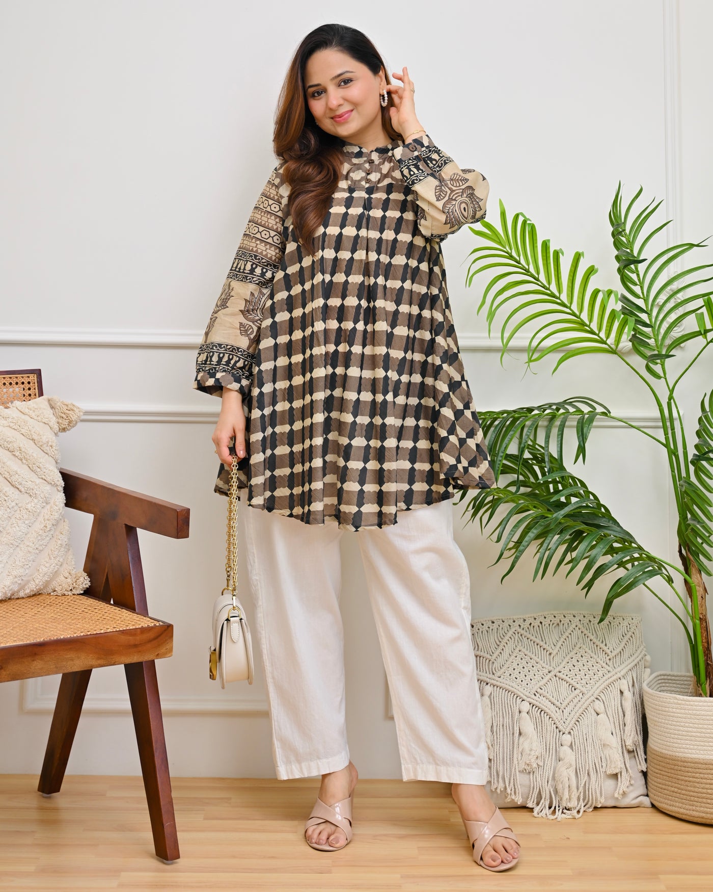 Earthy Mosaic Ajrakh Mul Chanderi A Line Tunic