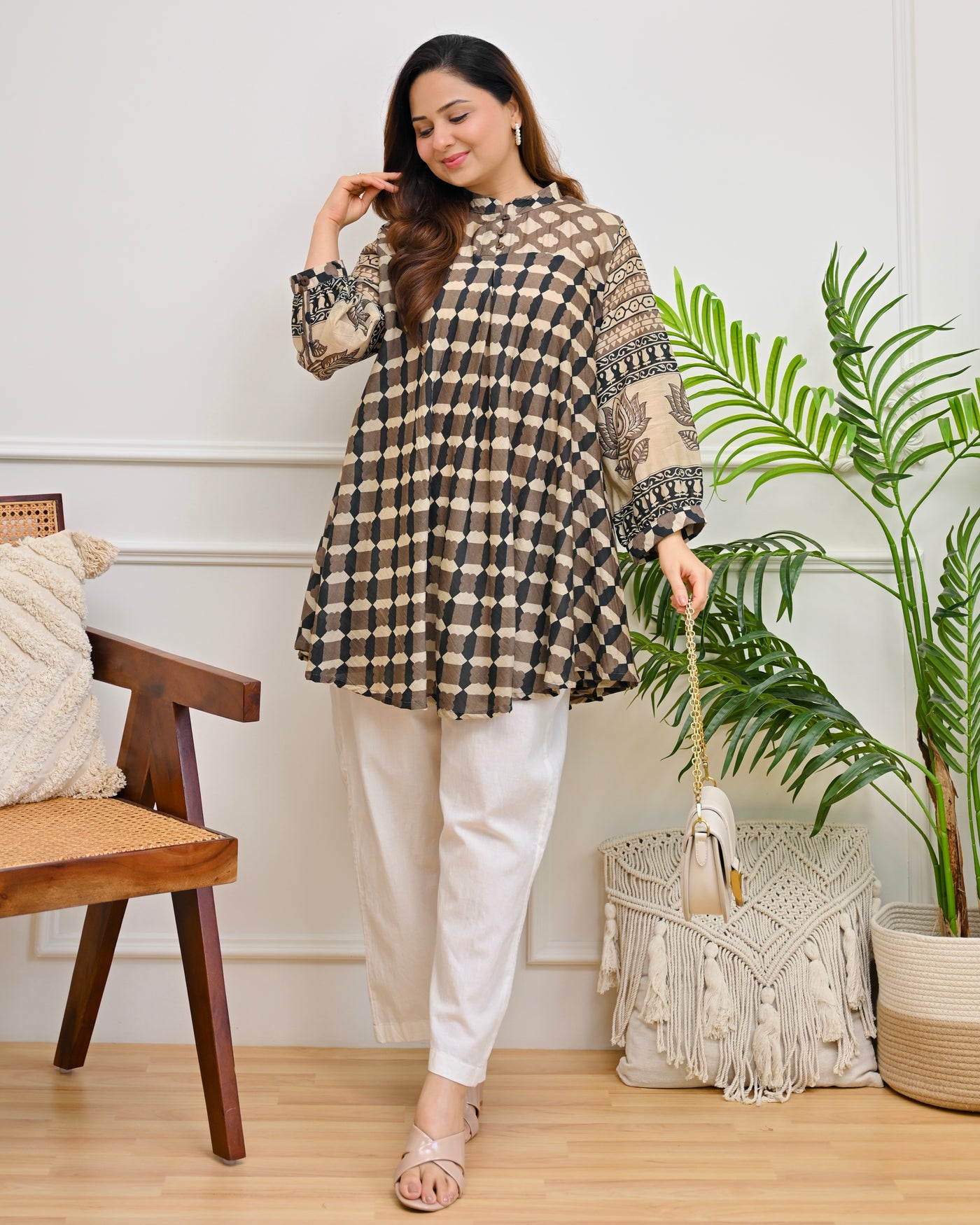 Earthy Mosaic Ajrakh Mul Chanderi A Line Tunic