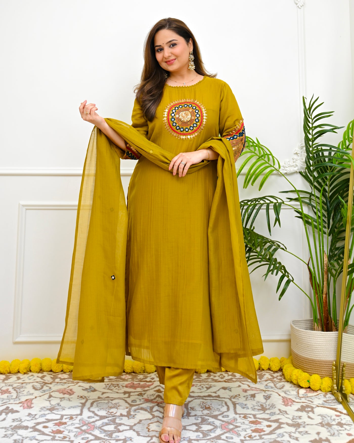 Mustard Mirror Mandala Mul Chanderi Suit