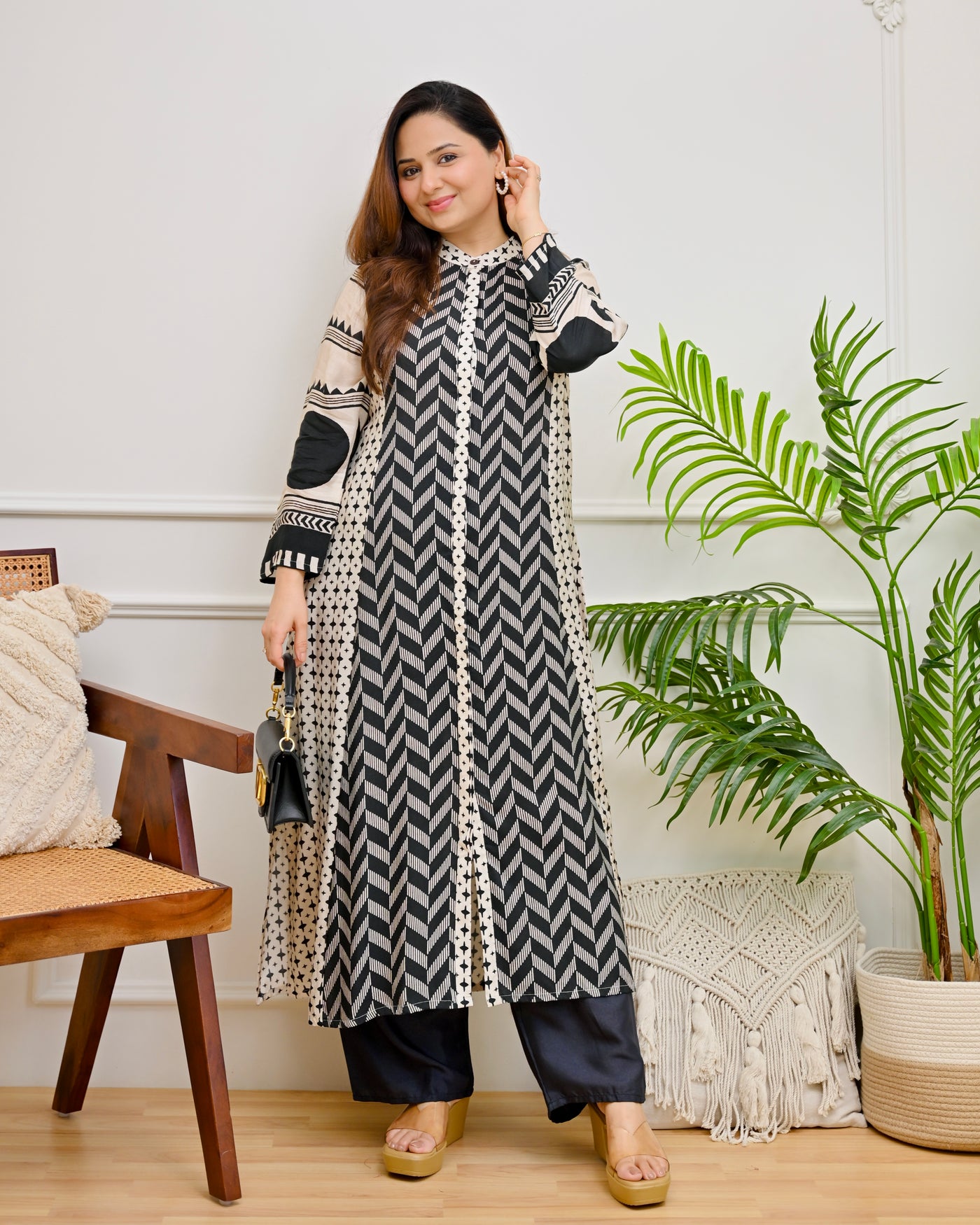 Black Chevron A Line Crepe Kurta Set