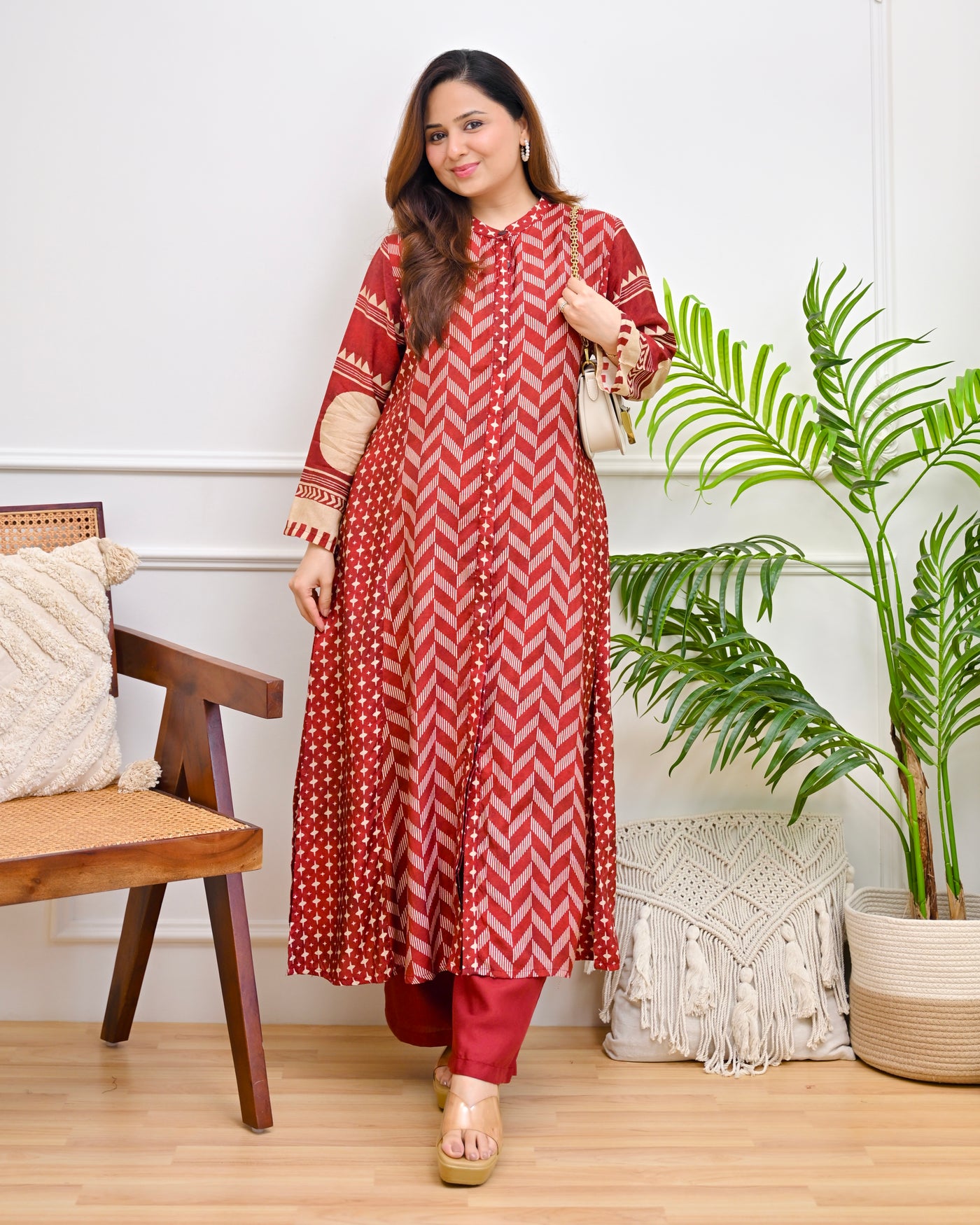 Crimson Chevron A Line Crepe Kurta Set