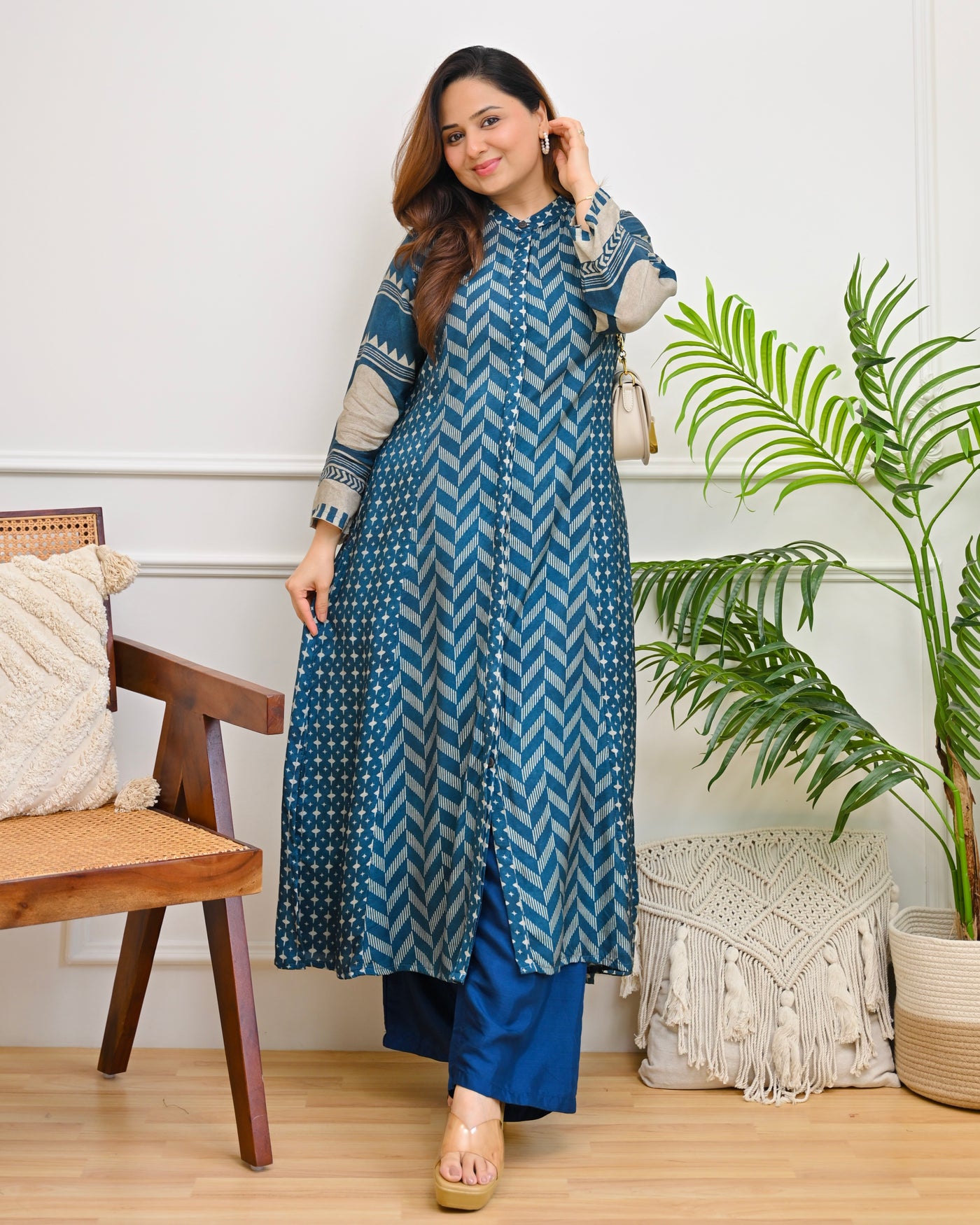 Teal Chevron A Line Crepe Kurta Set