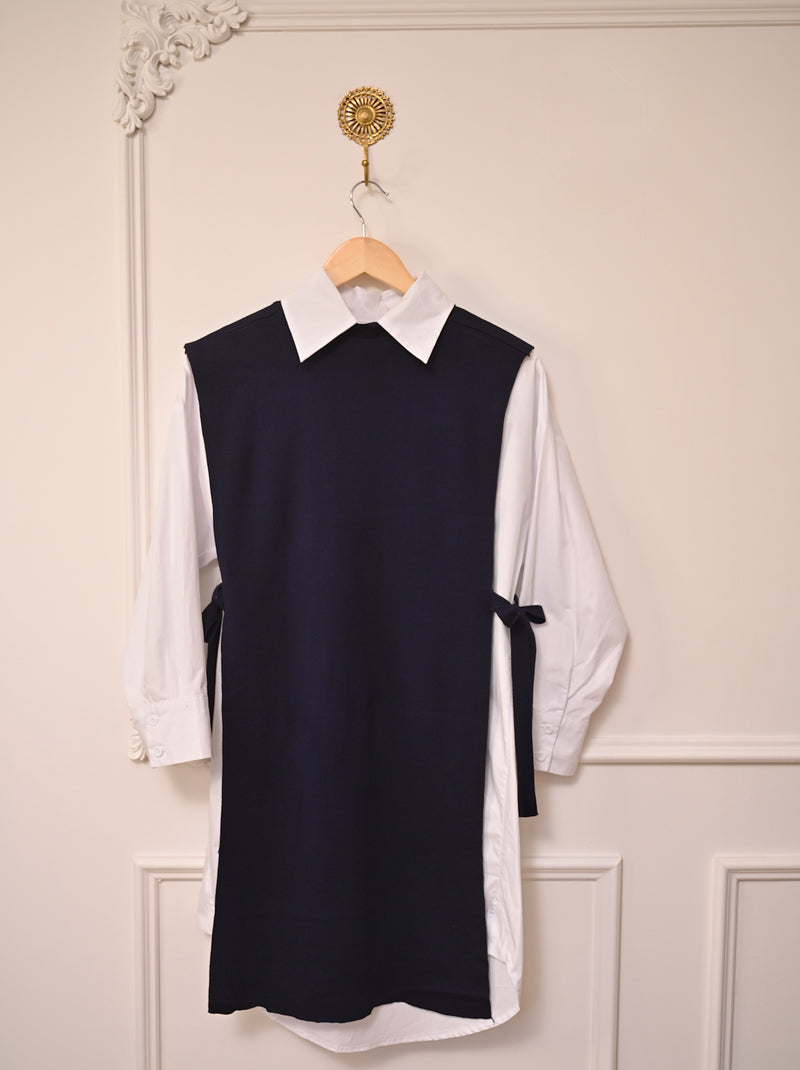 Navy Side-Knot Layered Sweater Shirt