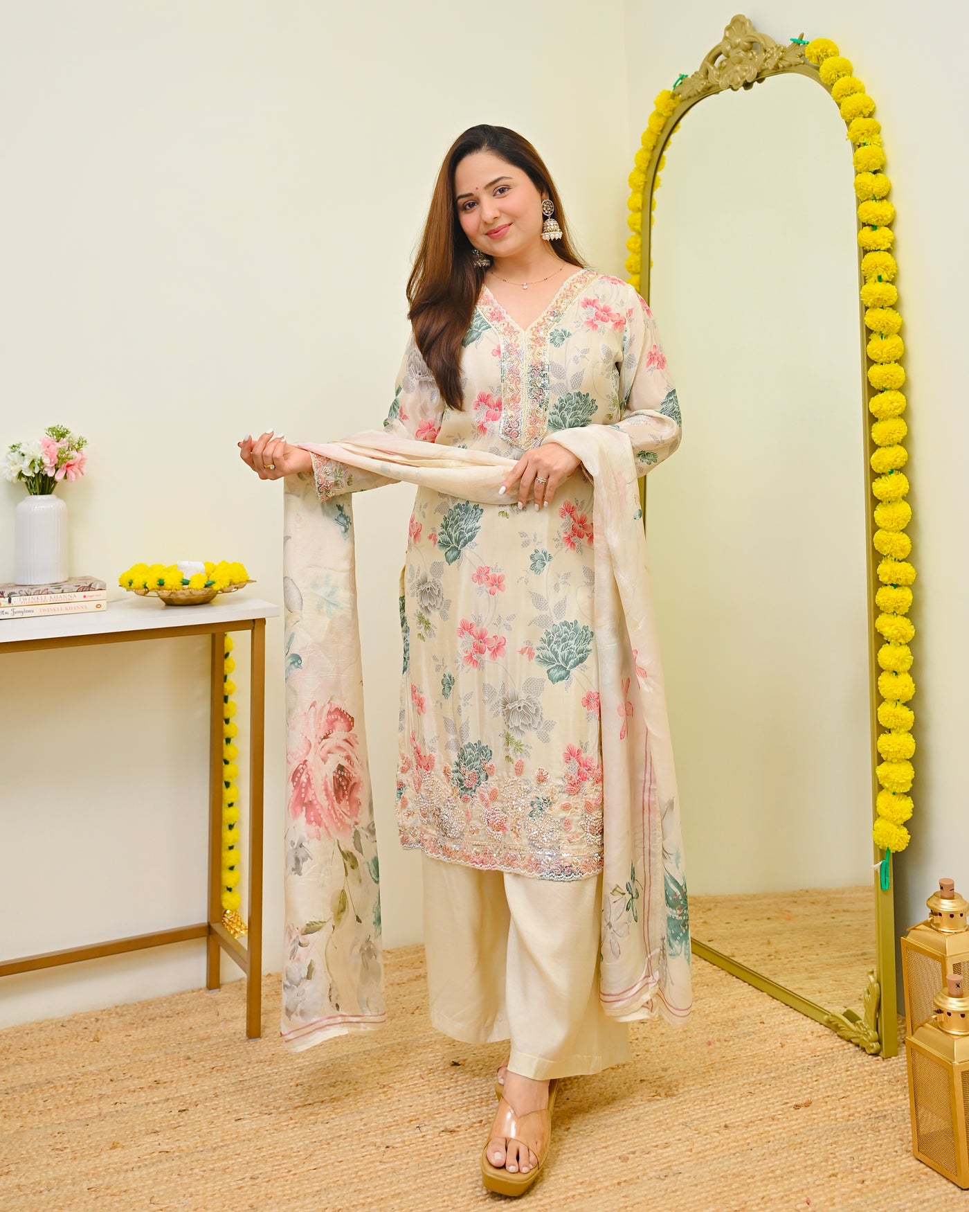 Gulmeher Ivory Pastel Handwork Crepe Festive Suit