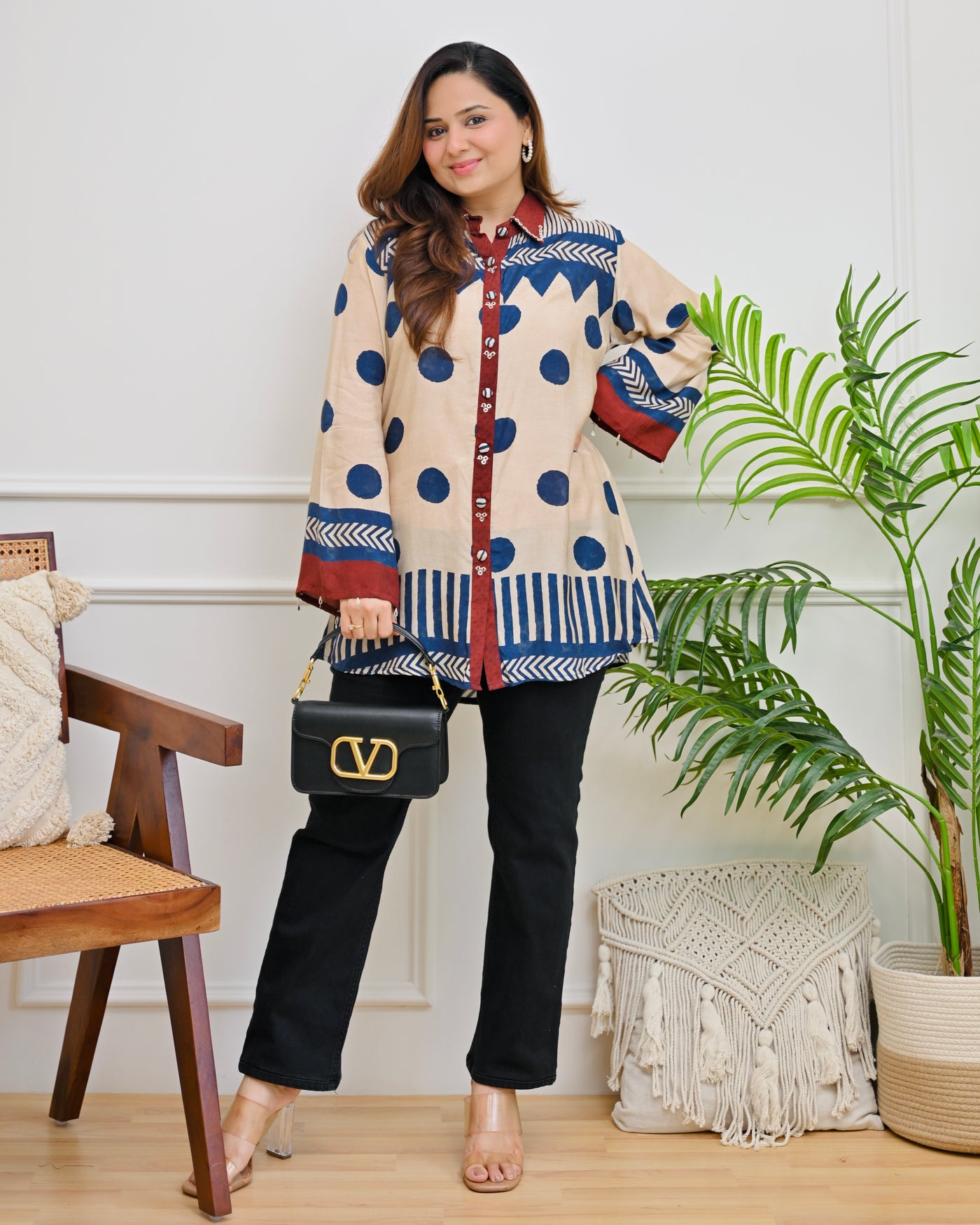 Ivory Blue Modern Polka Muslin Shirt