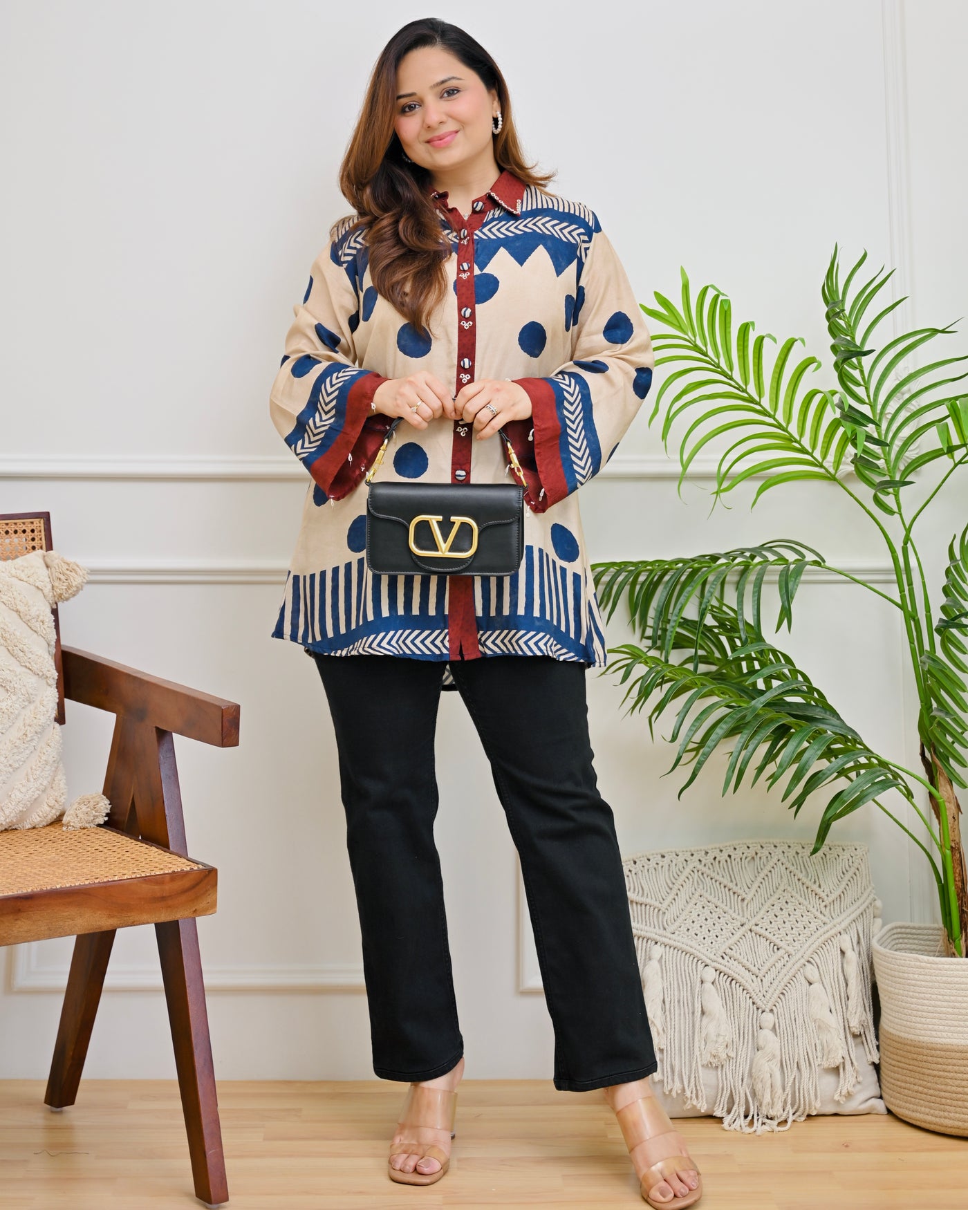 Ivory Blue Modern Polka Muslin Shirt
