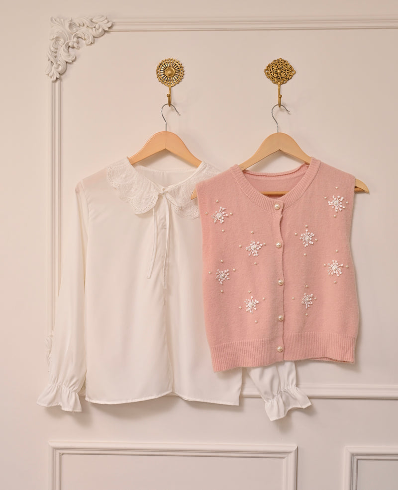 Baby Pink Snowflake Pearl Sweater Shirt