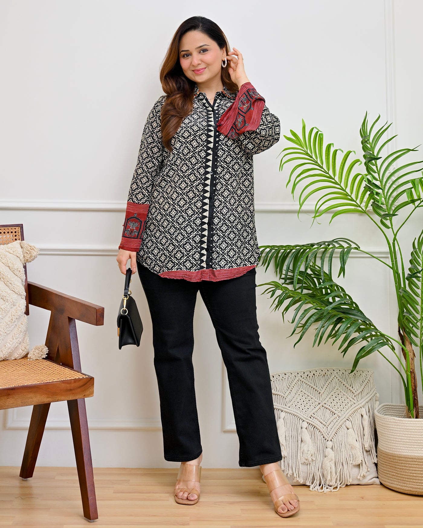 Ivory Black Geometric Ajrakh Crepe Shirt