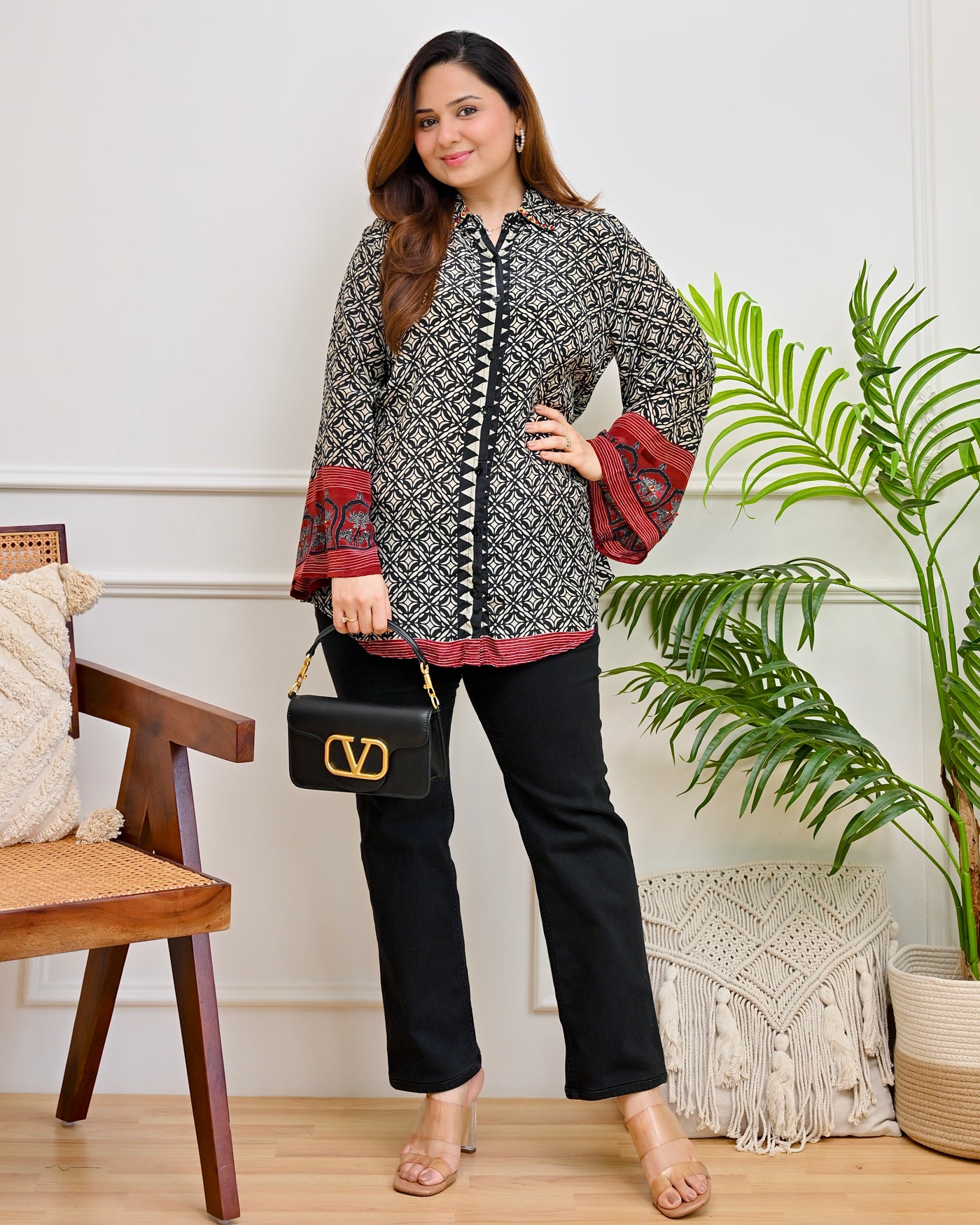 Ivory Black Geometric Ajrakh Crepe Shirt