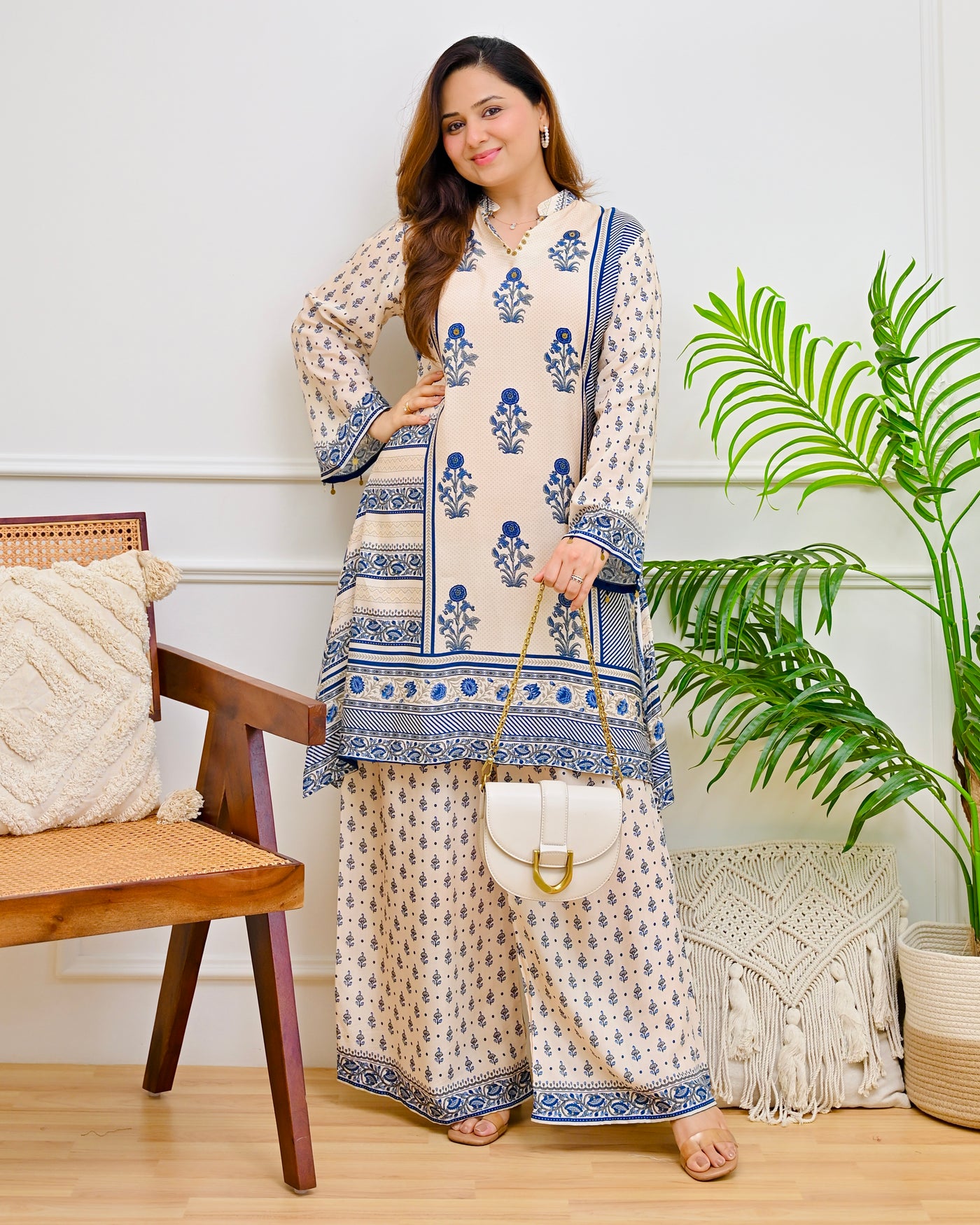 Ivory Blue Mughal Floral Crepe Co-ord