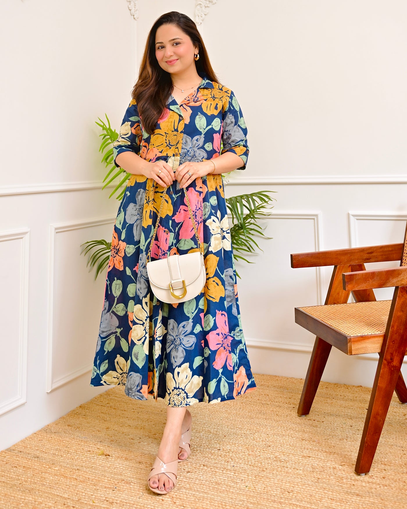 Navy Multi Floral Cotton A Line Dress