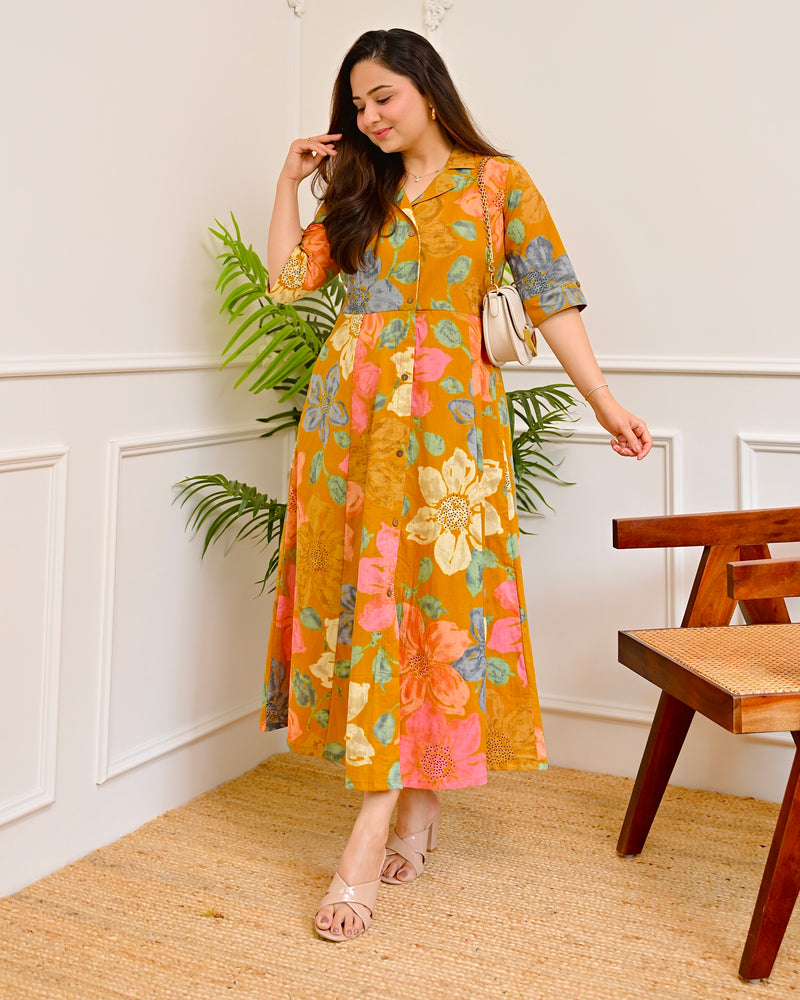 yellow floral cotton dress Lucille Plus Size Dress Sunny Floral - Fair Trade Dresses