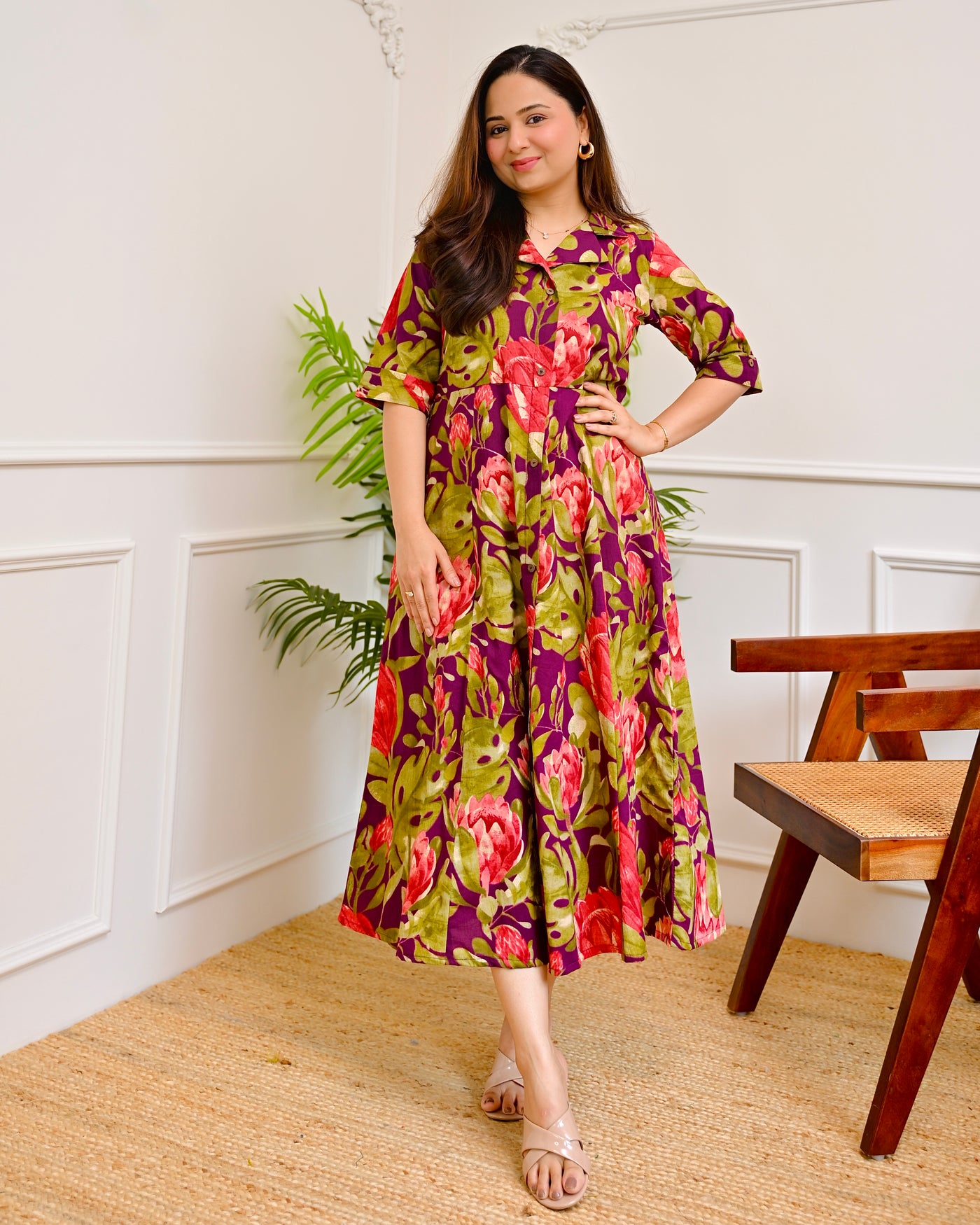 Magenta Garden Floral Cotton A Line Dress