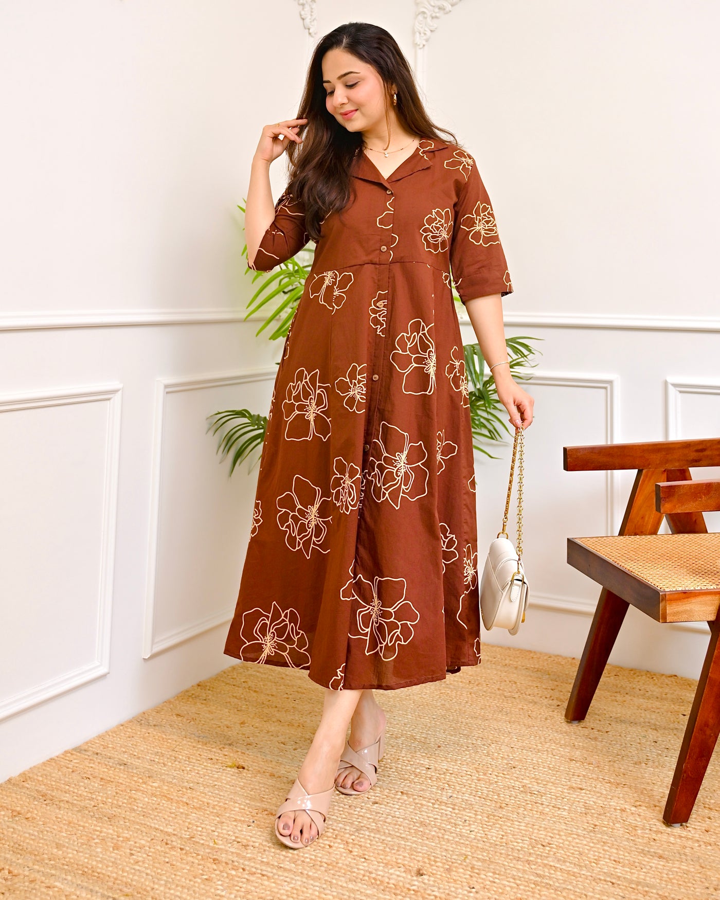 Chocolate Brown Floral Cotton A Line Dress