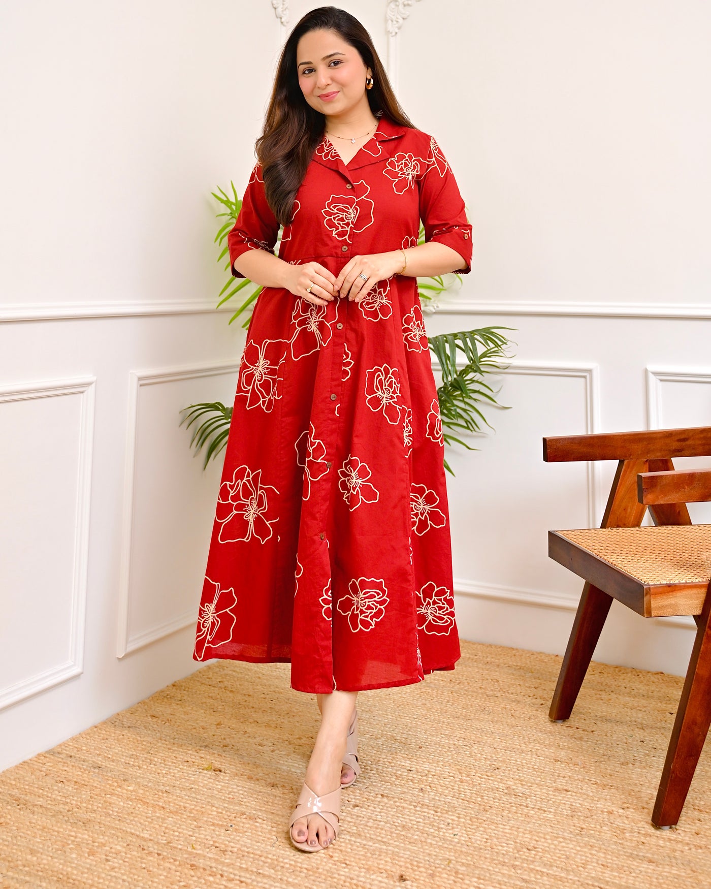 Crimson Red Floral Cotton A Line Dress