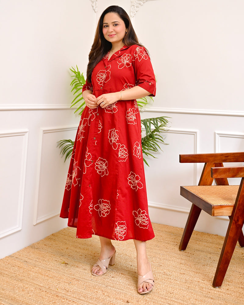 Crimson Red Floral Print A Line Pure Cotton Maxi Dress For Women – Label  Madhuri Thakkar