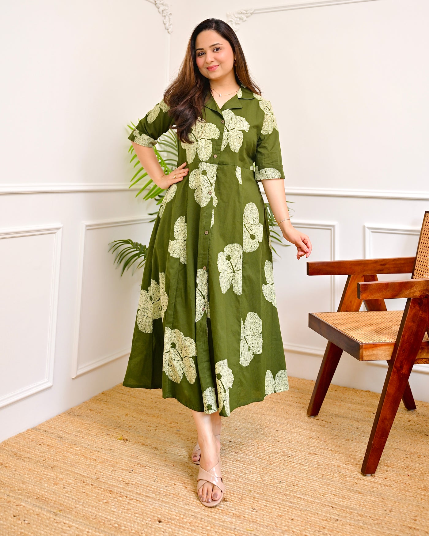 Forest Green Floral Cotton A Line Dress