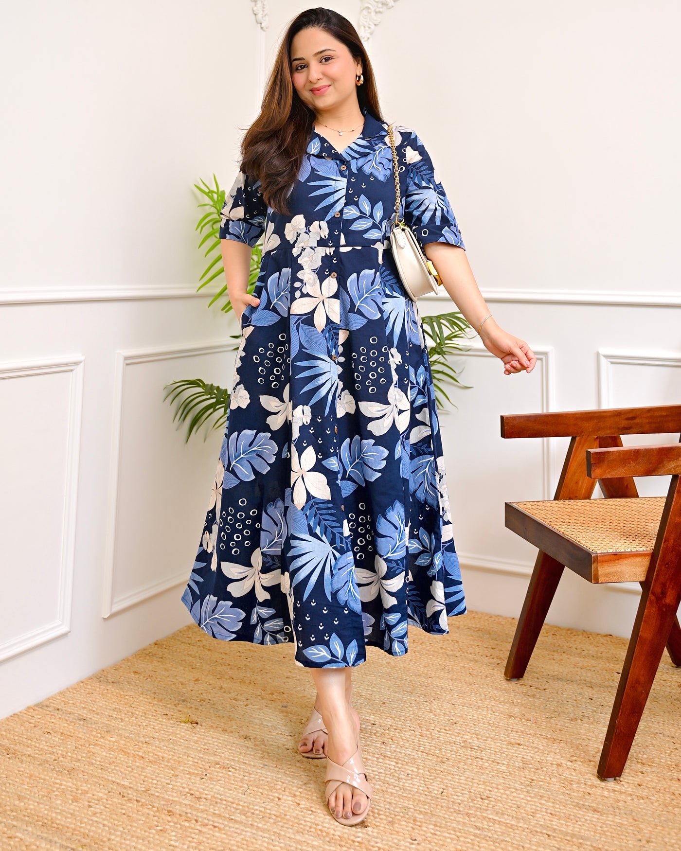 Shades of Blue Botanical Cotton A Line Dress