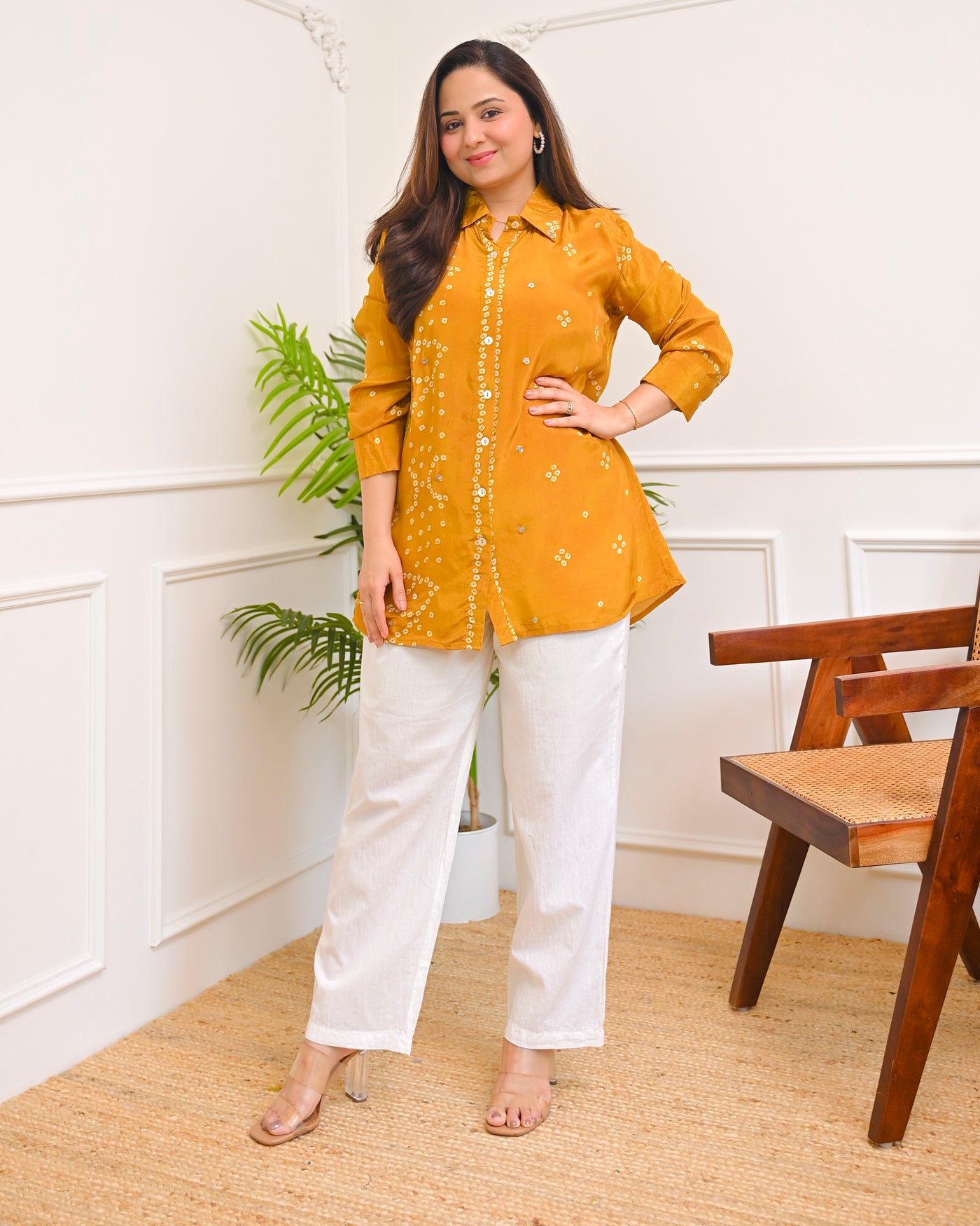 Mustard Radiance Bandhej Muslin Silk Shirt