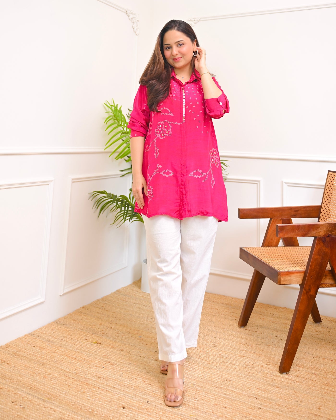 Gulabi Glow Bandhej Muslin Silk Shirt