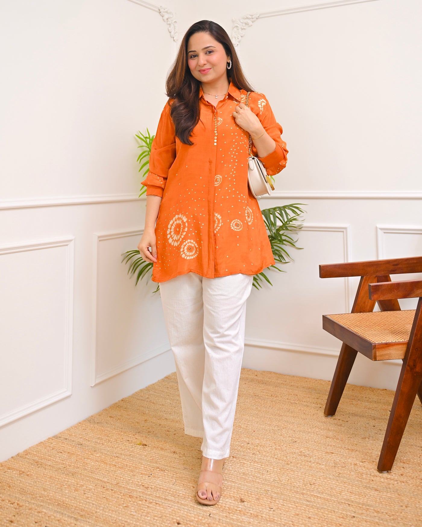 Tangerine Twirl Bandhej Muslin Silk Shirt