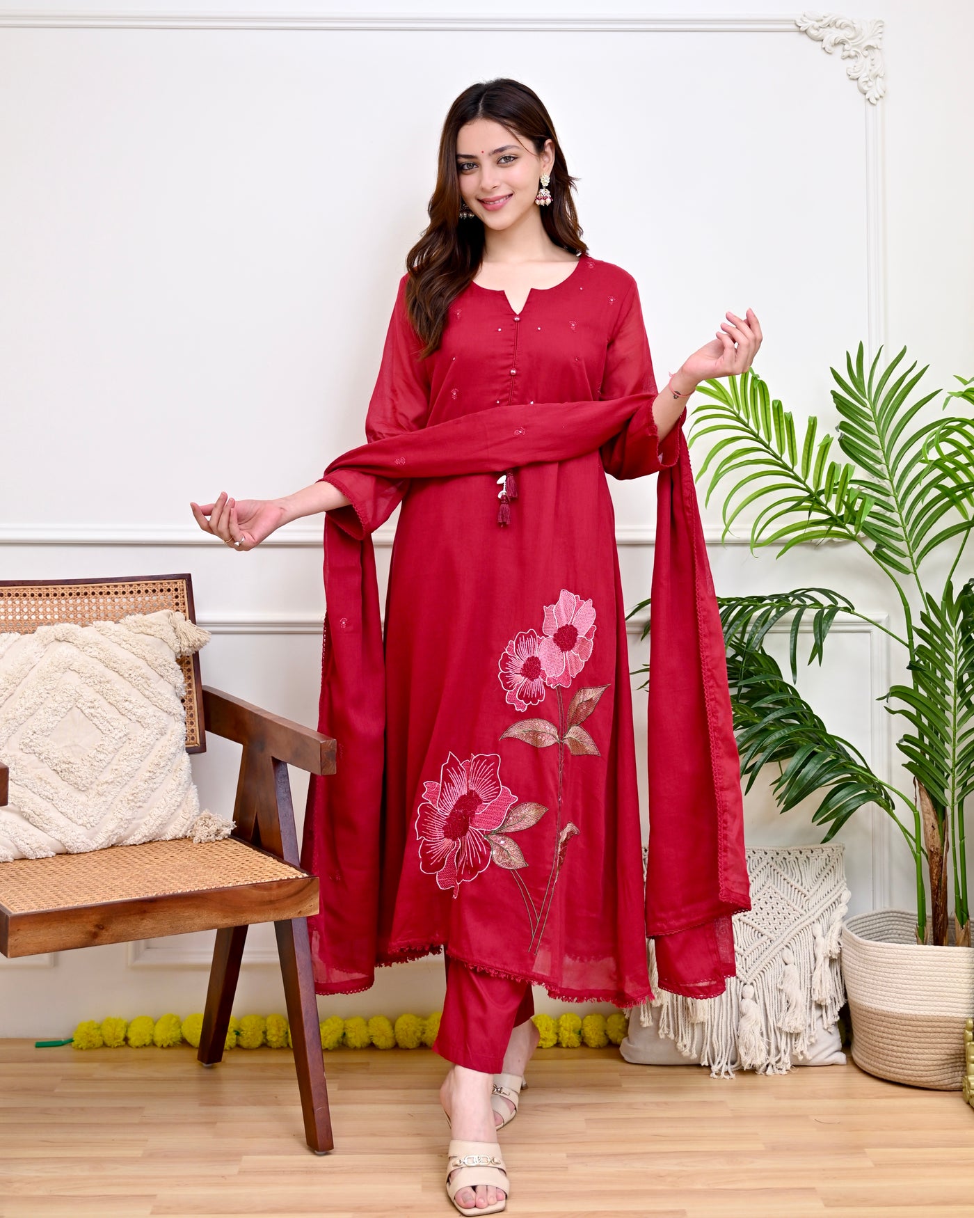 Berry Blossom Threadwork Mul Cotton A Line Suit