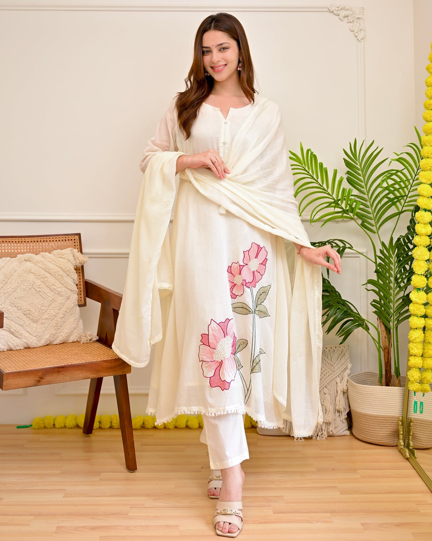 Ivory Blush Garden Threadwork Mul Cotton A Line Suit