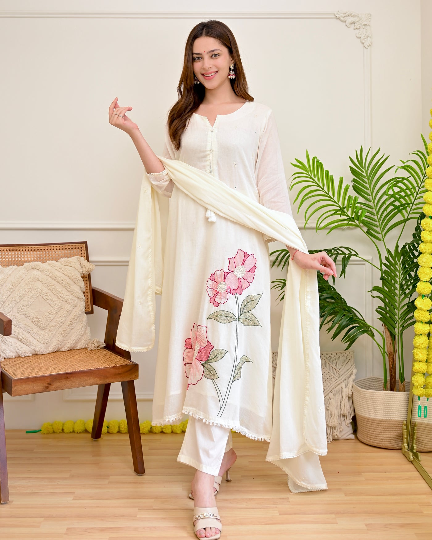Ivory Blush Garden Threadwork Mul Cotton A Line Suit
