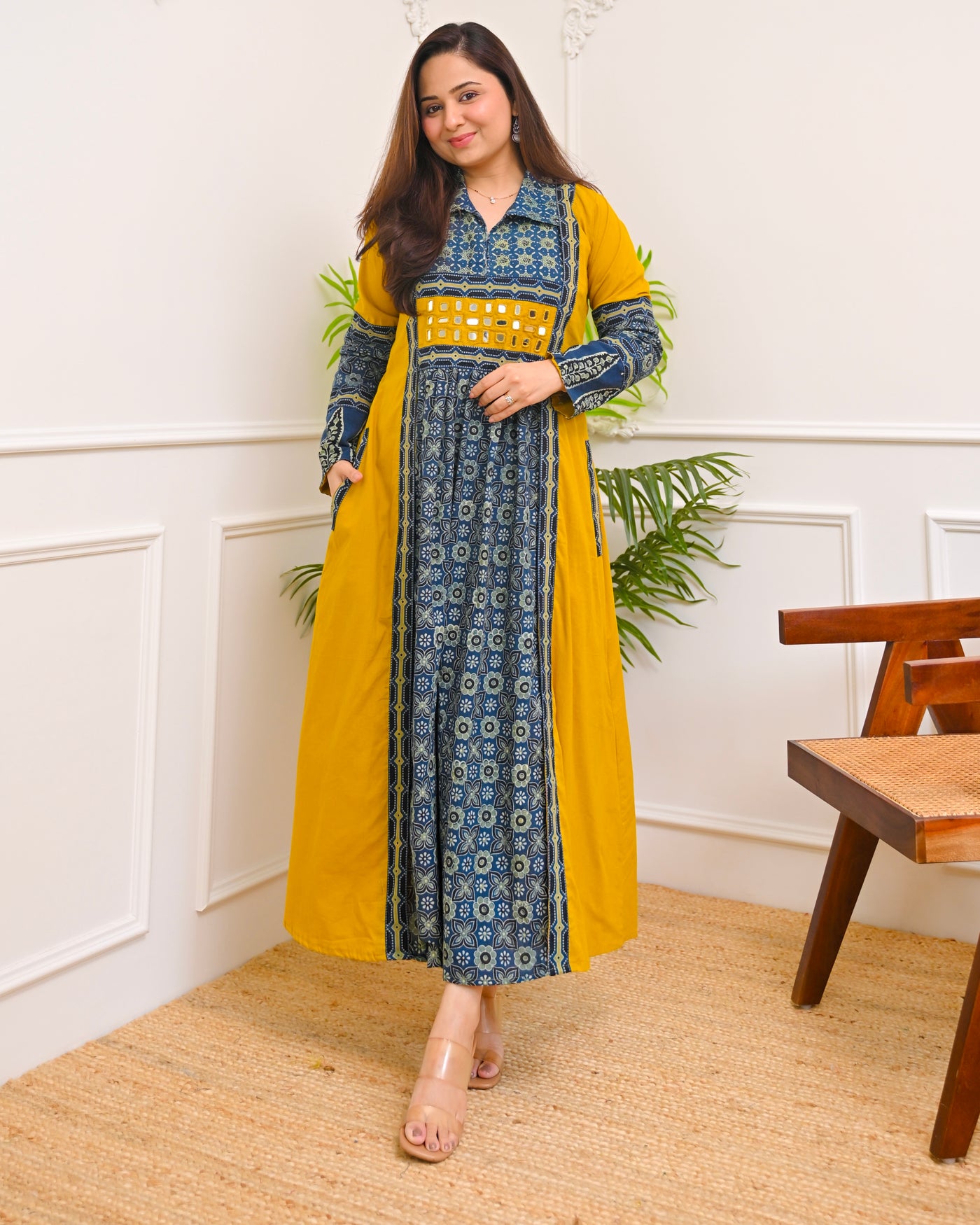 Mustard Indigo Ajrakh Mirrorwork Cotton Kurta Dress
