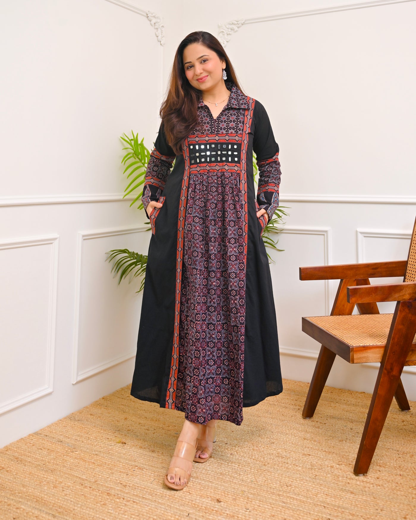 Black Vintage Ajrakh Mirrorwork Cotton Kurta Dress