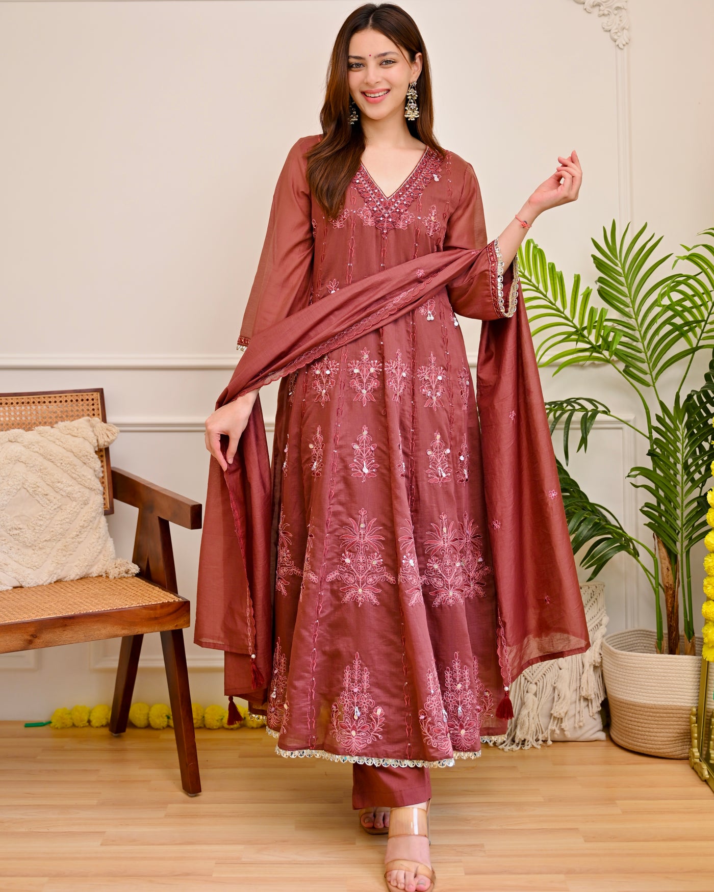 Dusty Rosewood Threadwork Mul Chanderi Anarkali Suit