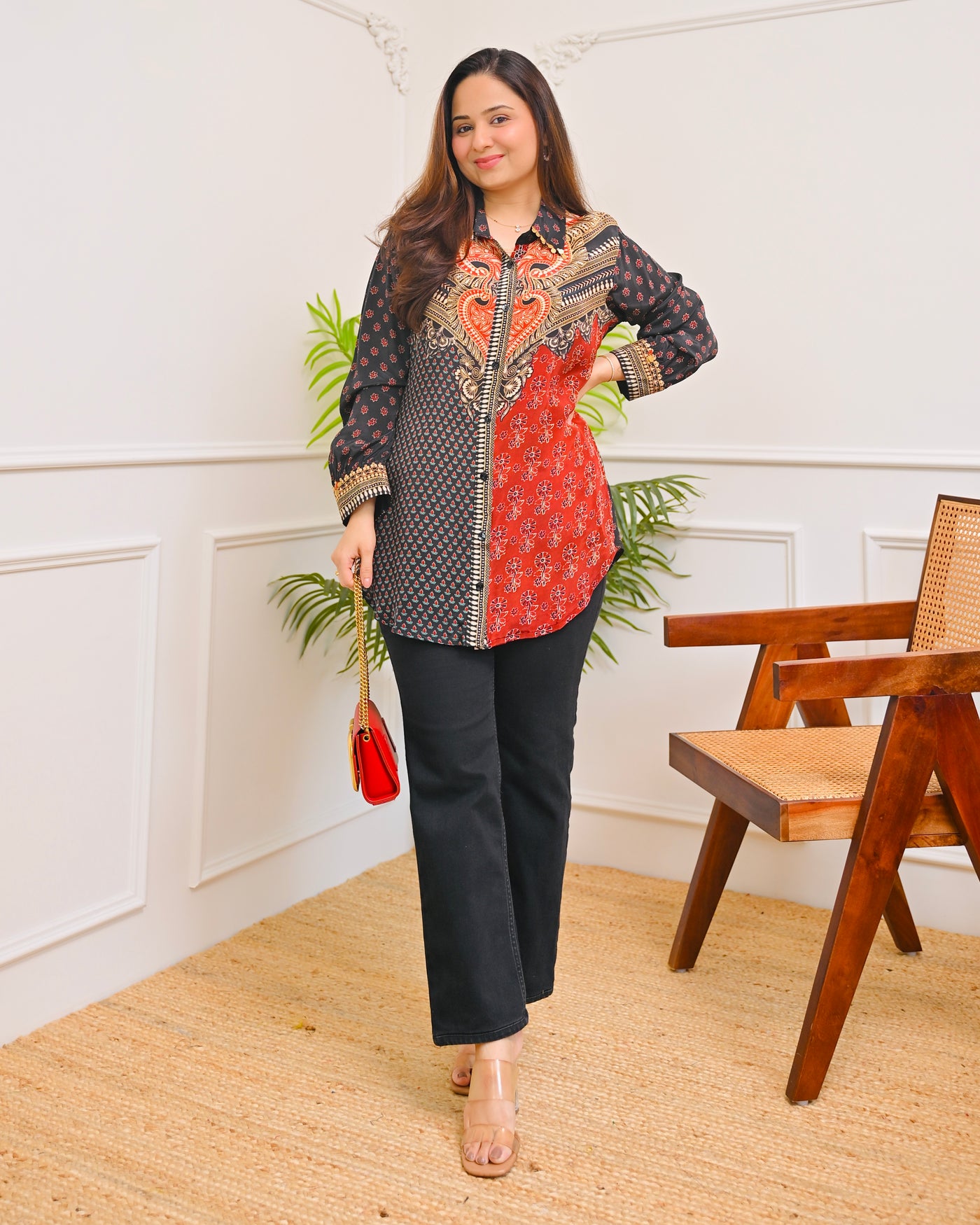 Black Scarlet Ajrakh Muslin Silk Shirt