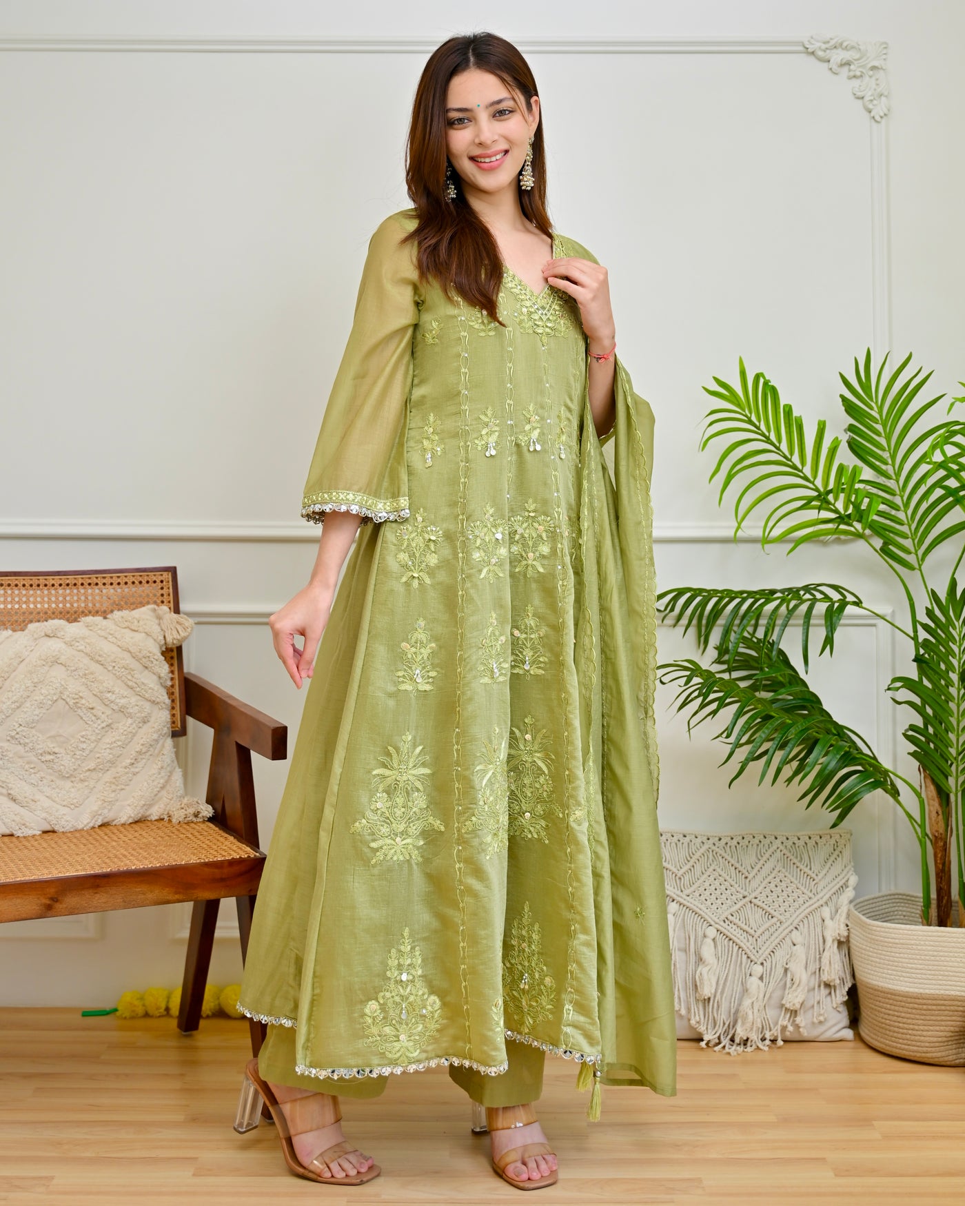 Sage Pista Threadwork Mul Chanderi Anarkali Suit