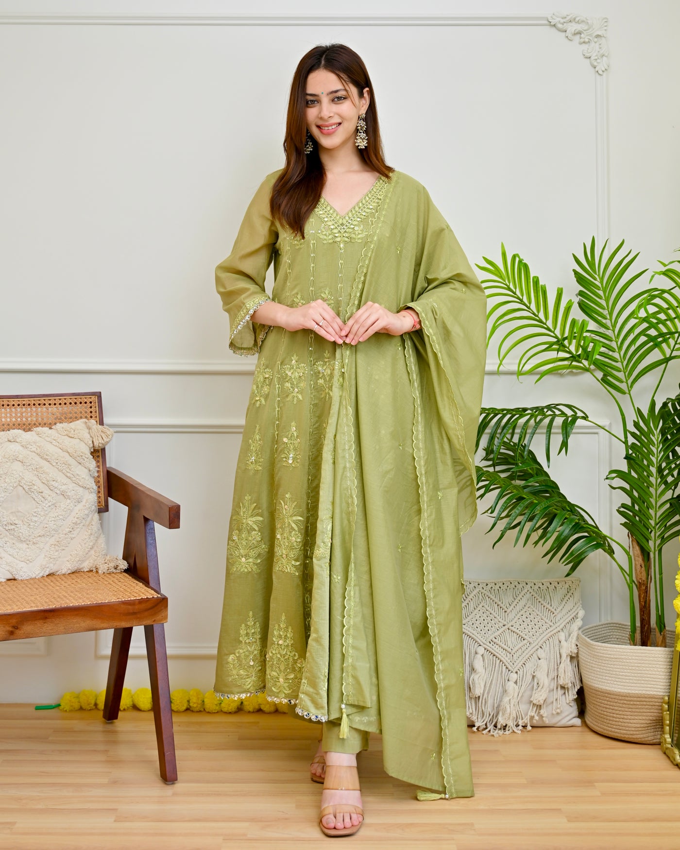 Sage Pista Threadwork Mul Chanderi Anarkali Suit