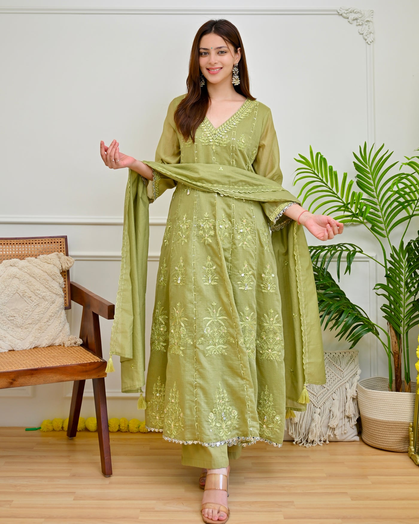 Sage Pista Threadwork Mul Chanderi Anarkali Suit