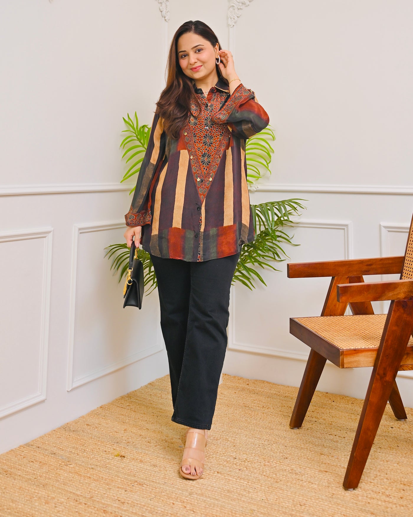 Earthy Brown Ajrakh & Stripes Muslin Silk Shirt