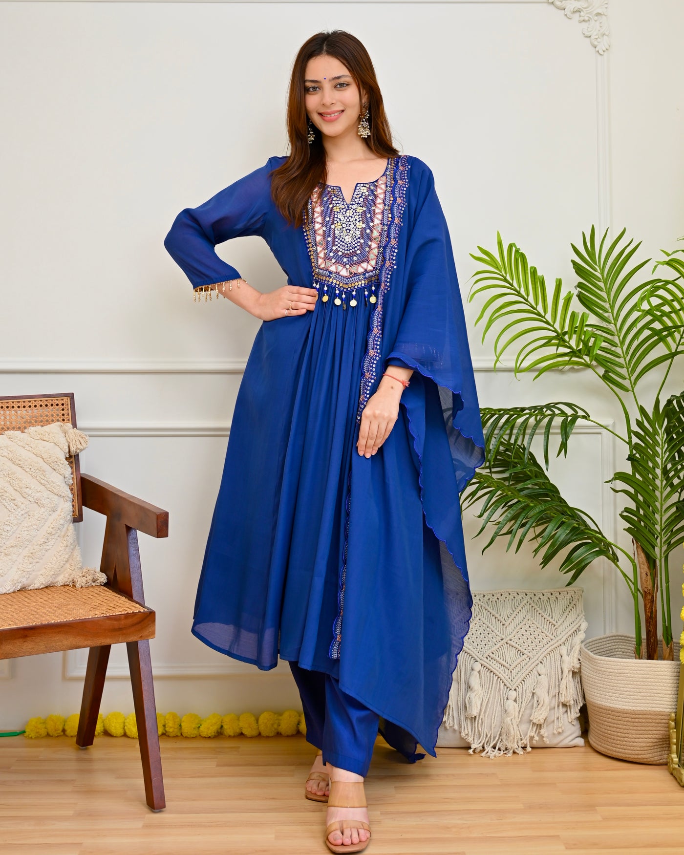 Blue Zohra Mirrorwork Mul Chanderi A Line Festive Suit