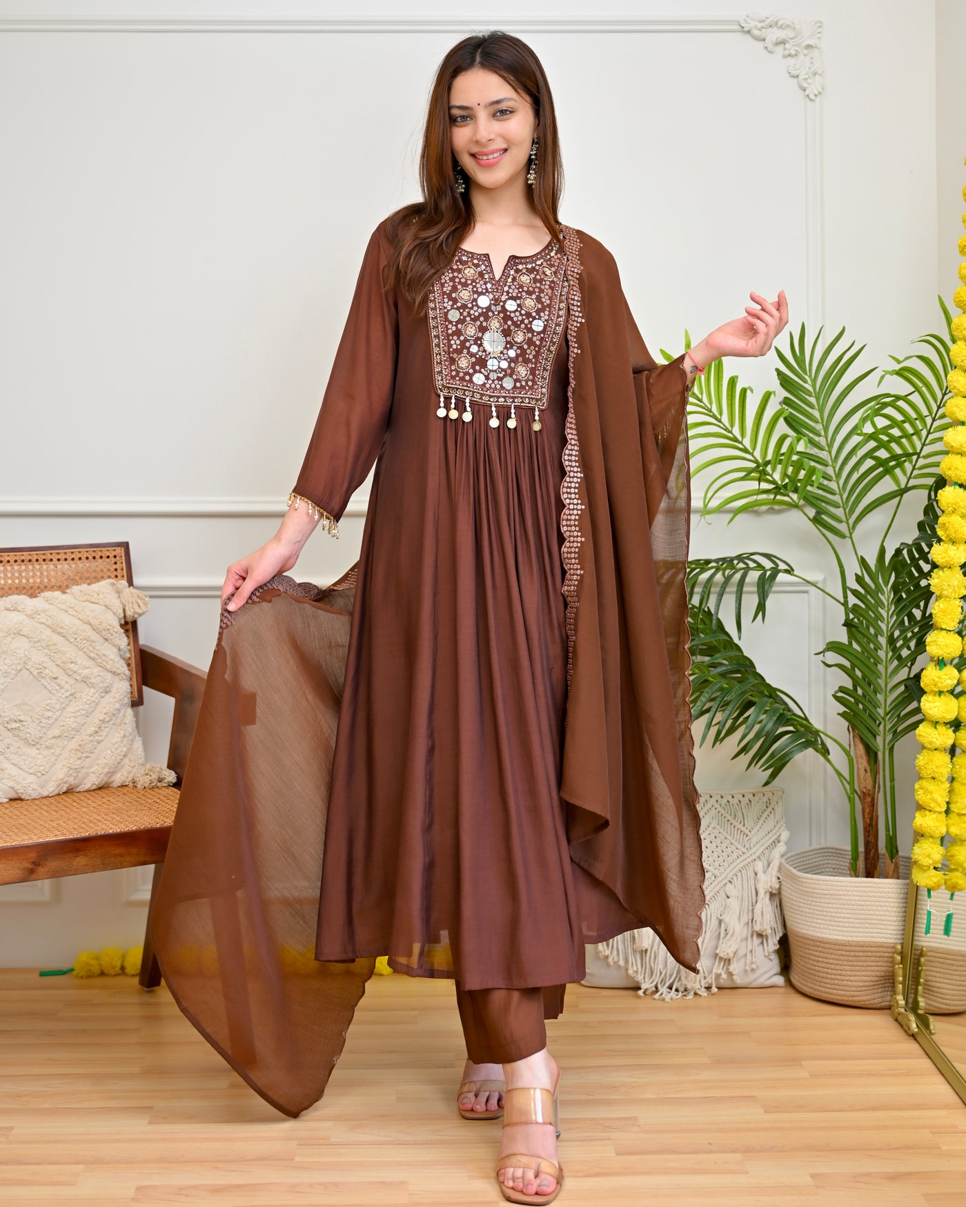 Brown Zohra Mirrorwork Mul Chanderi A Line Festive Suit