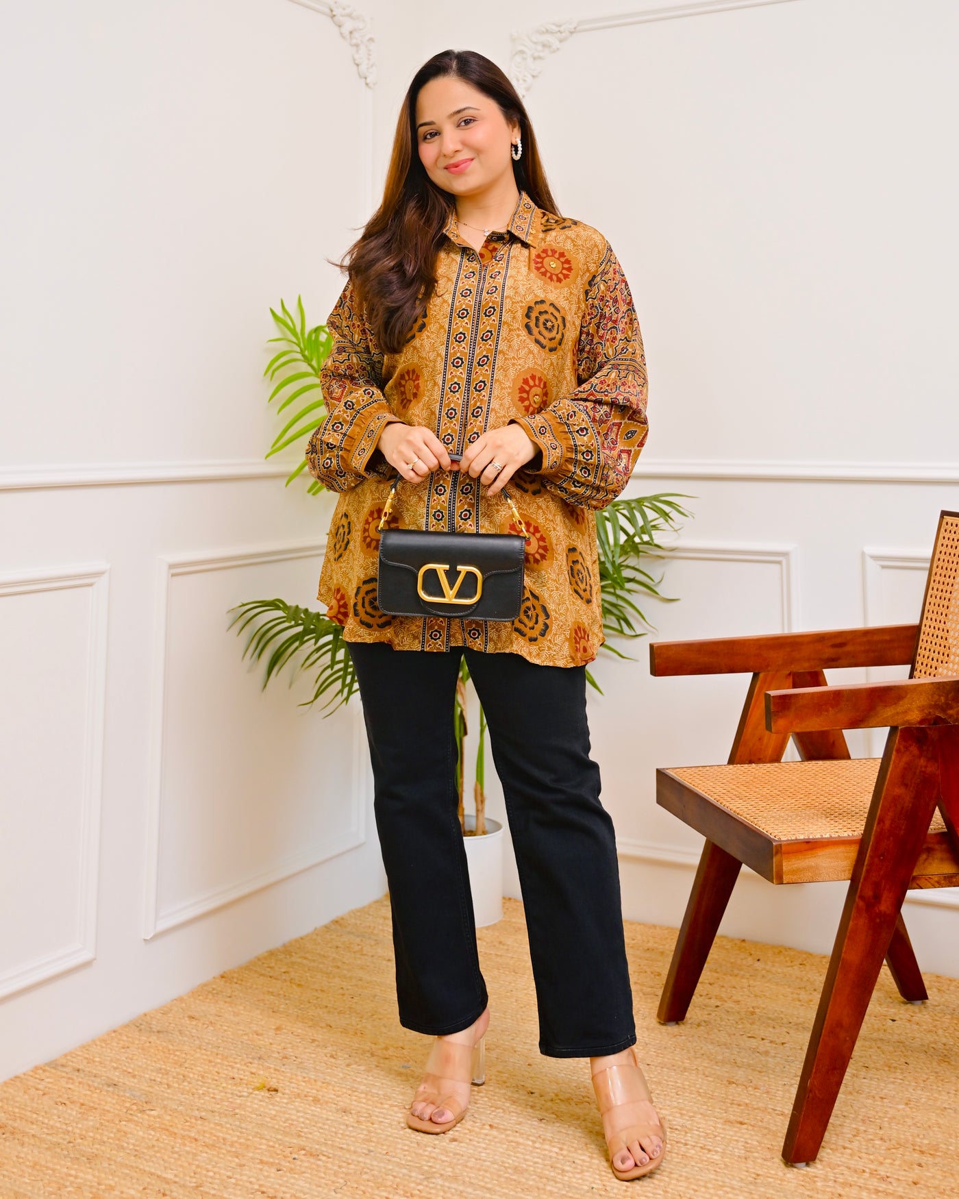 Mustard Mosaic Ajrakh Muslin Silk Shirt