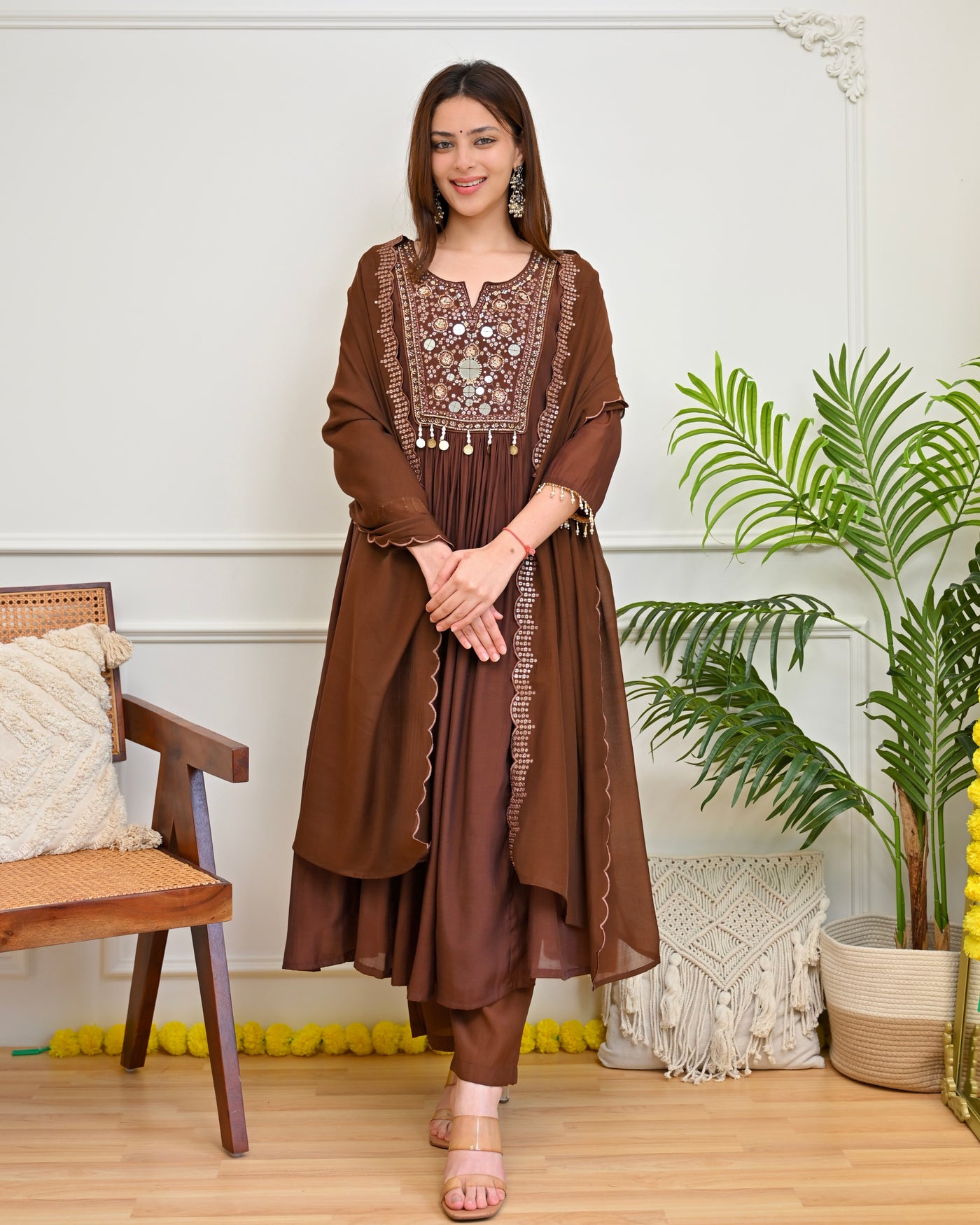 Brown Zohra Mirrorwork Mul Chanderi A Line Festive Suit