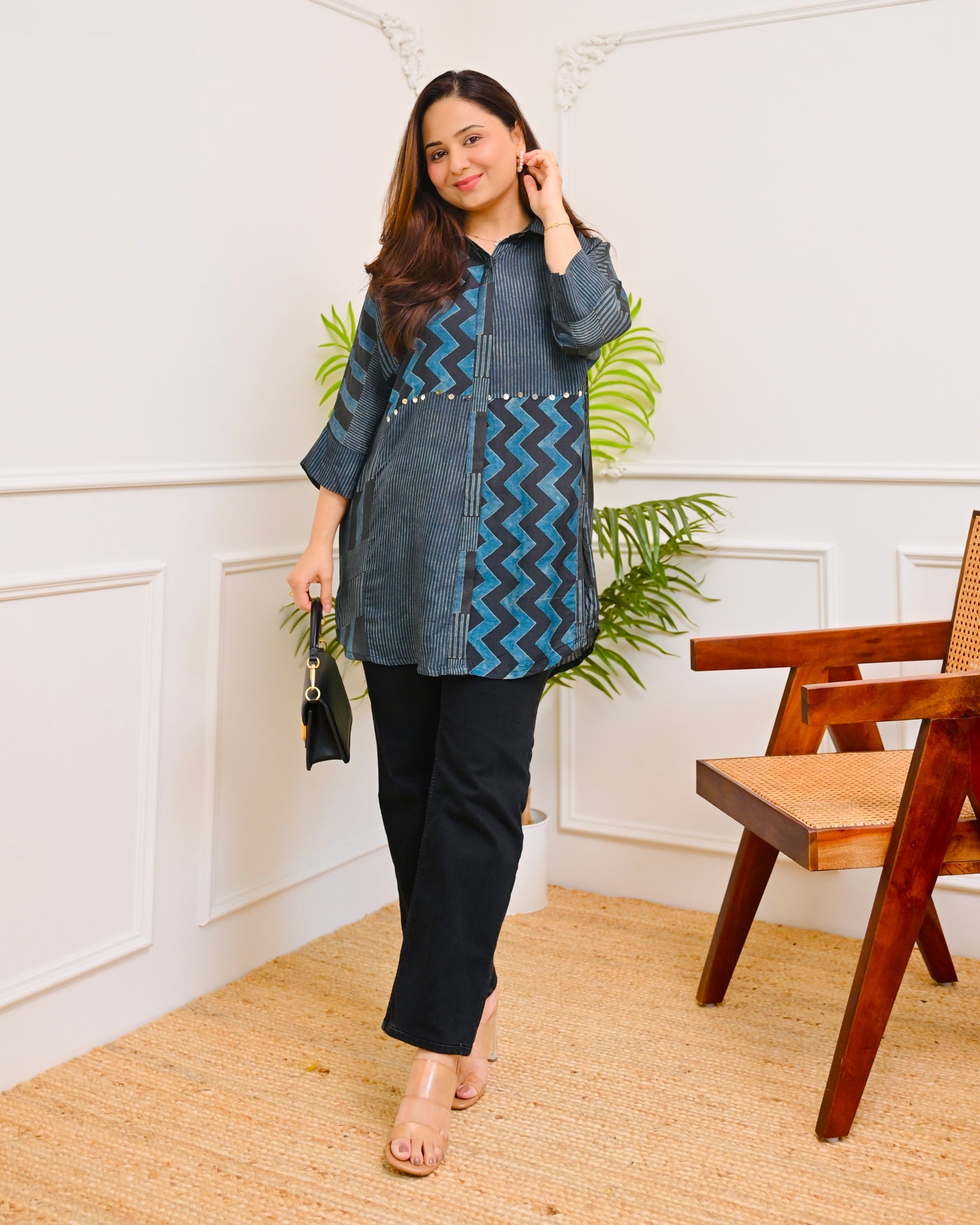 Blue Black Geometric Striped Muslin Silk Shirt