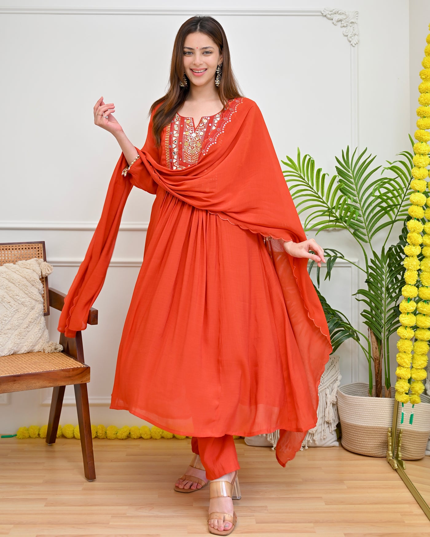 Coral Jashn Mirrorwork Mul Chanderi A Line Suit