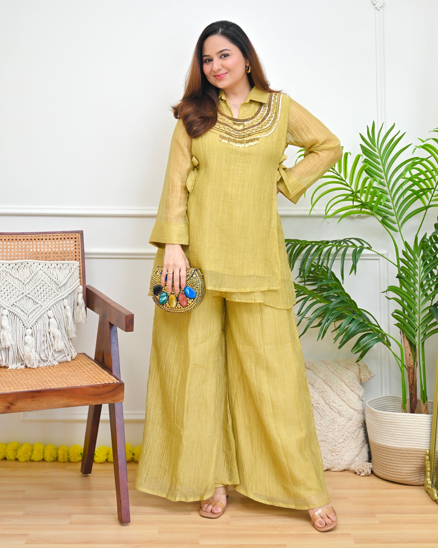 Lime Muse Embellished Crush Tissue Co-ord