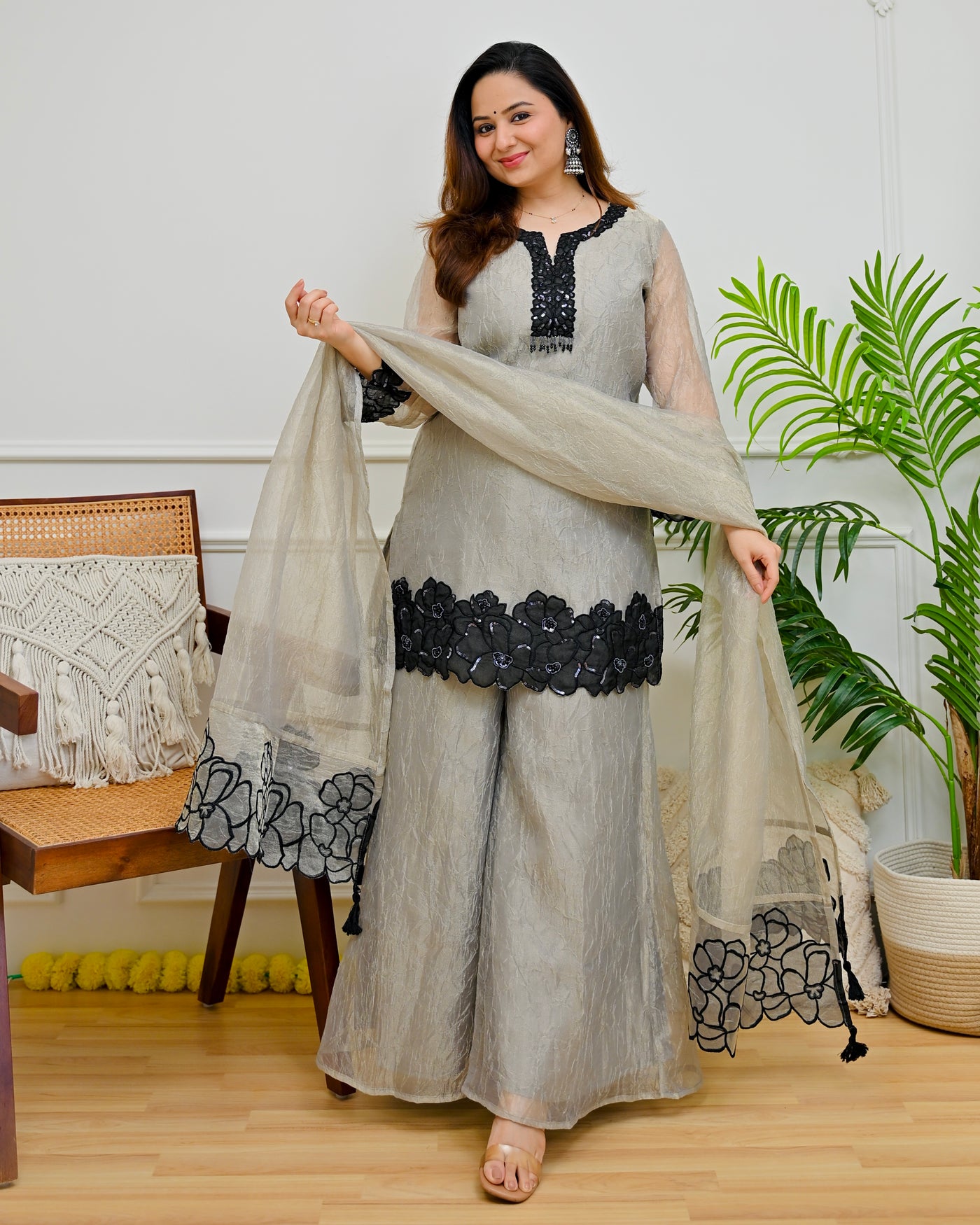 Grey Black Moonflower Shimmer Crush Festive Suit