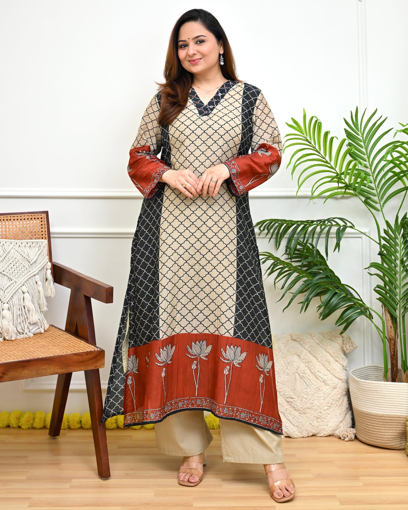 Ivory Terracotta Jaal Lotus Mul Chanderi Kurta Set