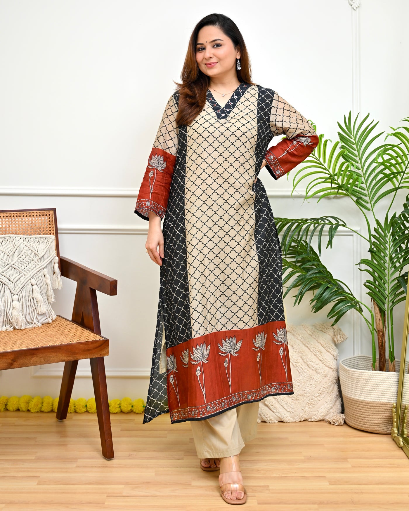 Ivory Terracotta Jaal Lotus Mul Chanderi Kurta Set