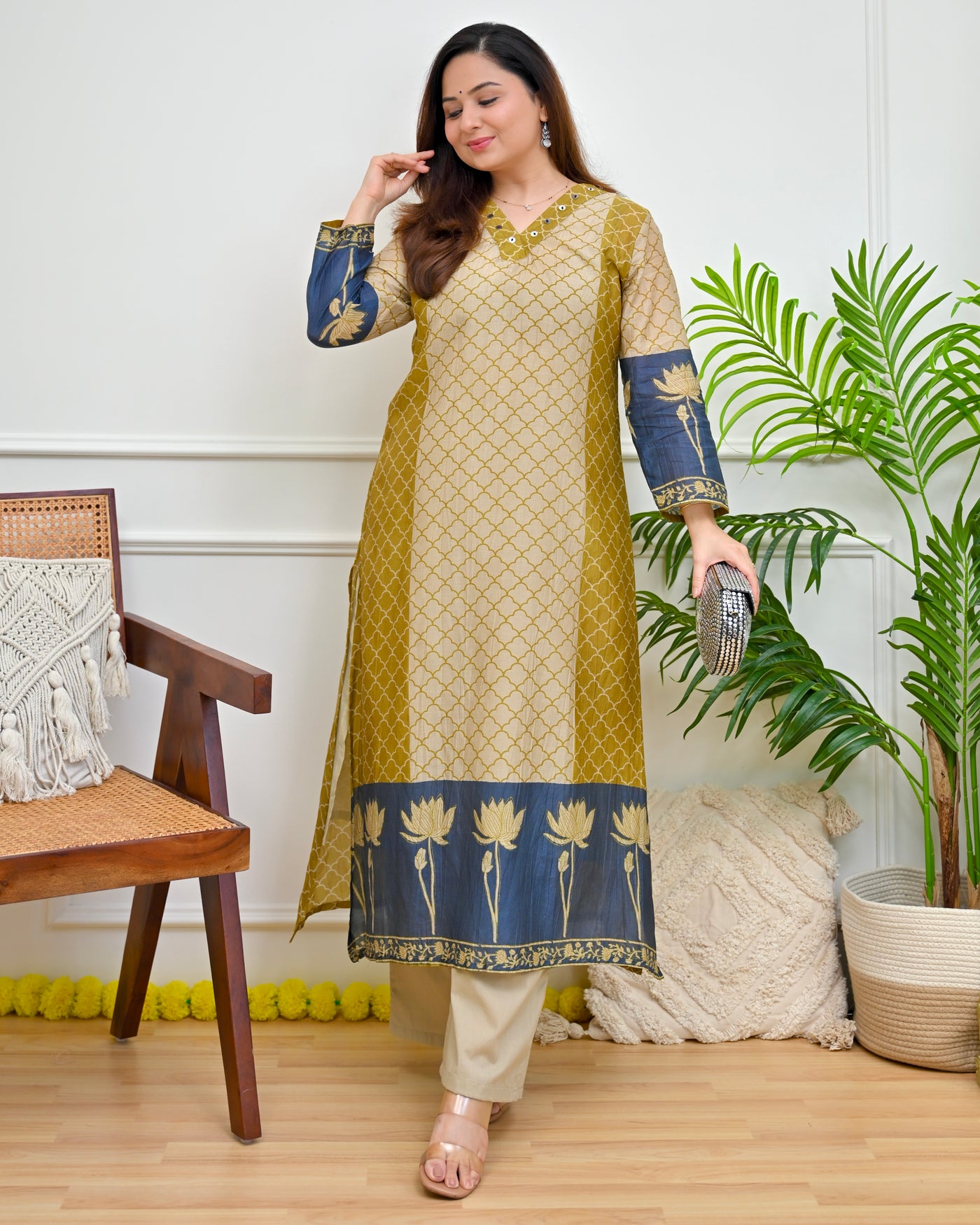 Mustard Blue Jaal Lotus Mul Chanderi Kurta Set
