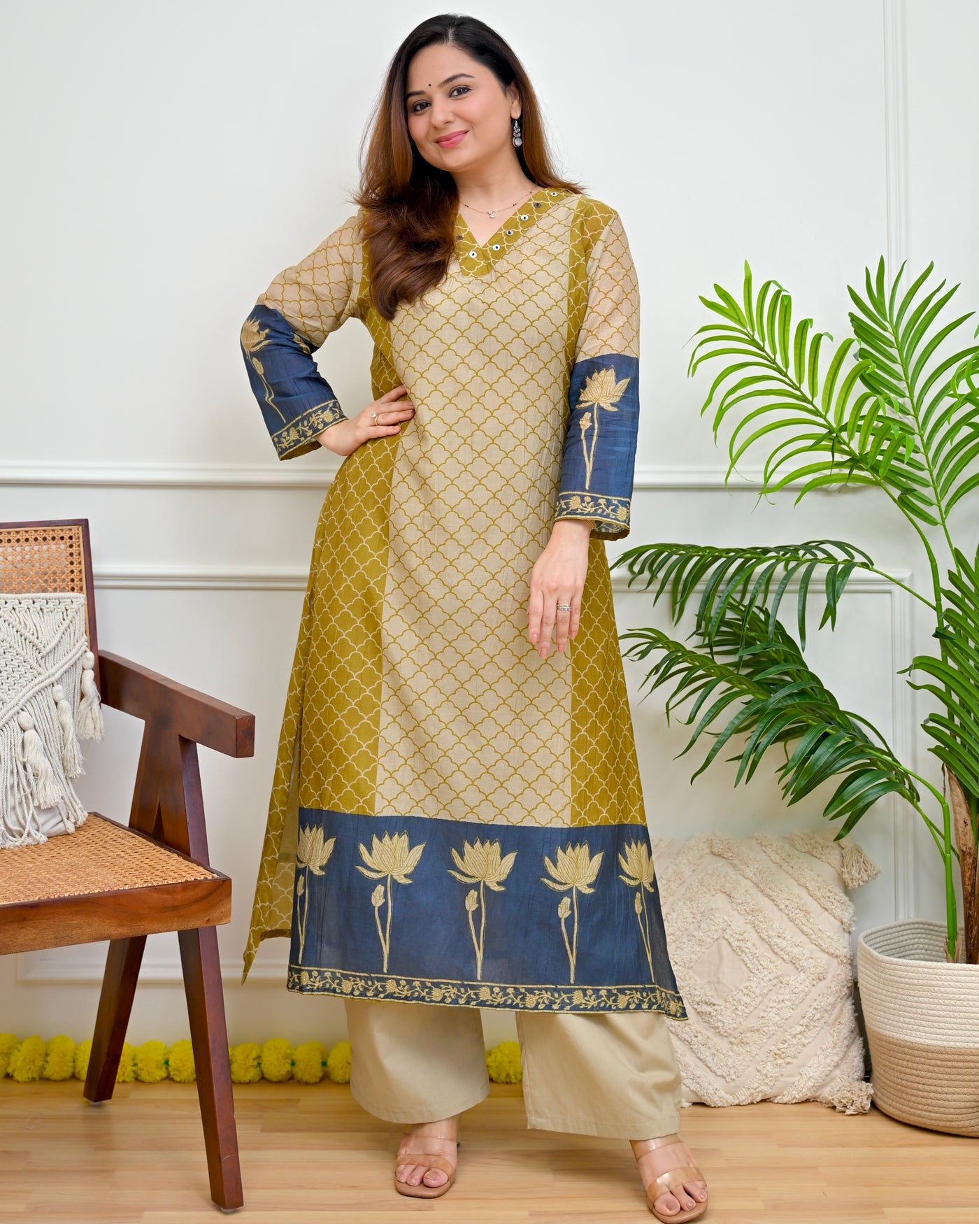 Mustard Blue Jaal Lotus Mul Chanderi Kurta Set